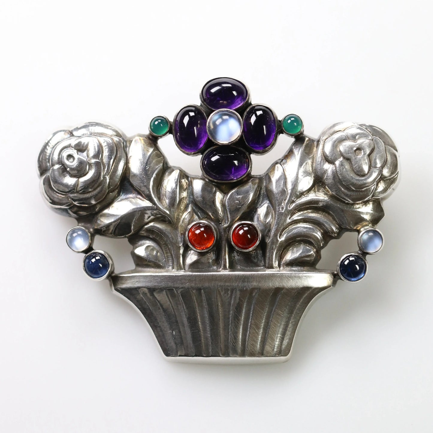 SOLD OUT: Georg Jensen Jewelry | Multi-Gem Flower Basket Art Nouveau Silver Vintage Brooch 67 - Carmel Fine Silver Jewelry