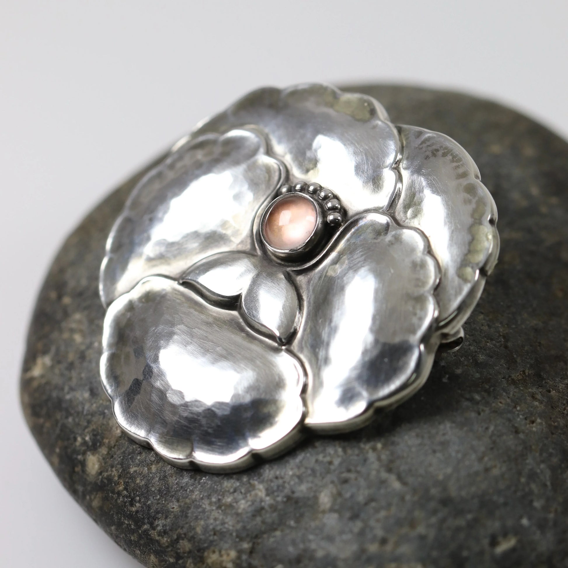 SOLD OUT: Georg Jensen Jewelry | Pink Moonstone Pansy Art Nouveau Silver Vintage Brooch 113 - Carmel Fine Silver Jewelry