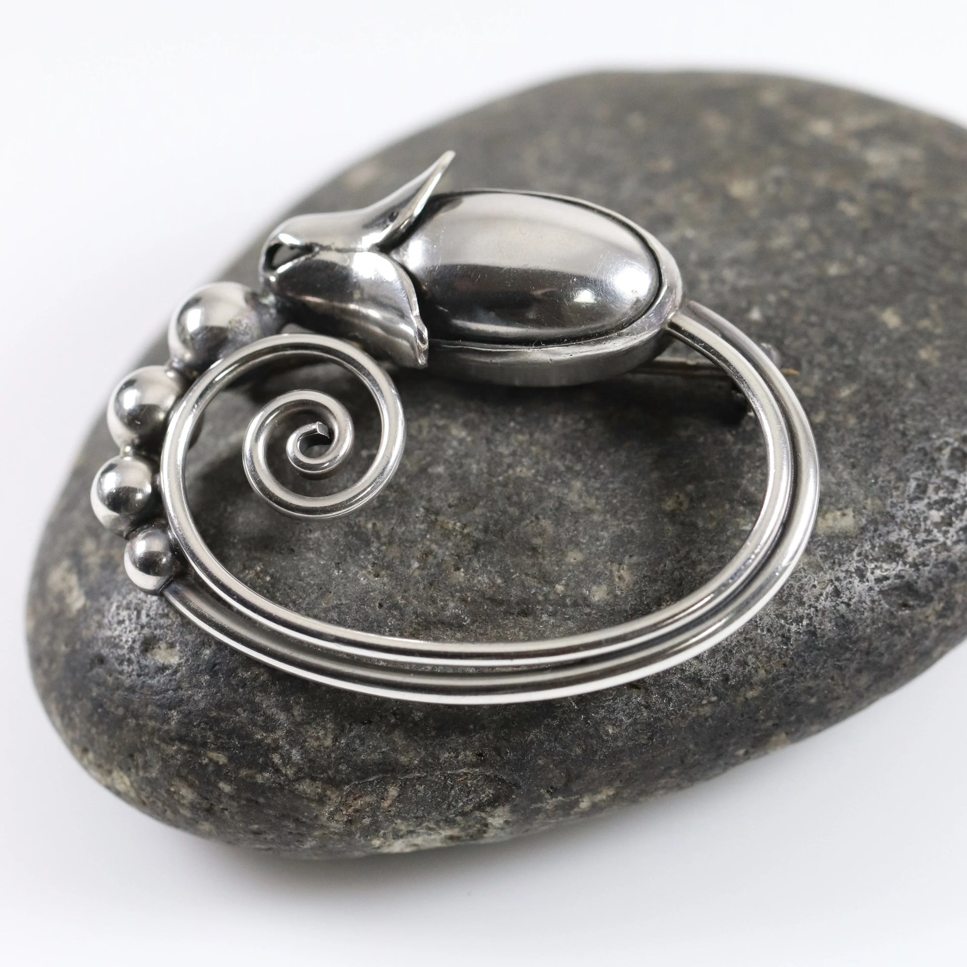 SOLD OUT: Georg Jensen La Paglia Cabochon Blossom Brooch | Vintage Sterling Silver | Mid-Century Pin U.S.A. - Carmel Fine Silver Jewelry