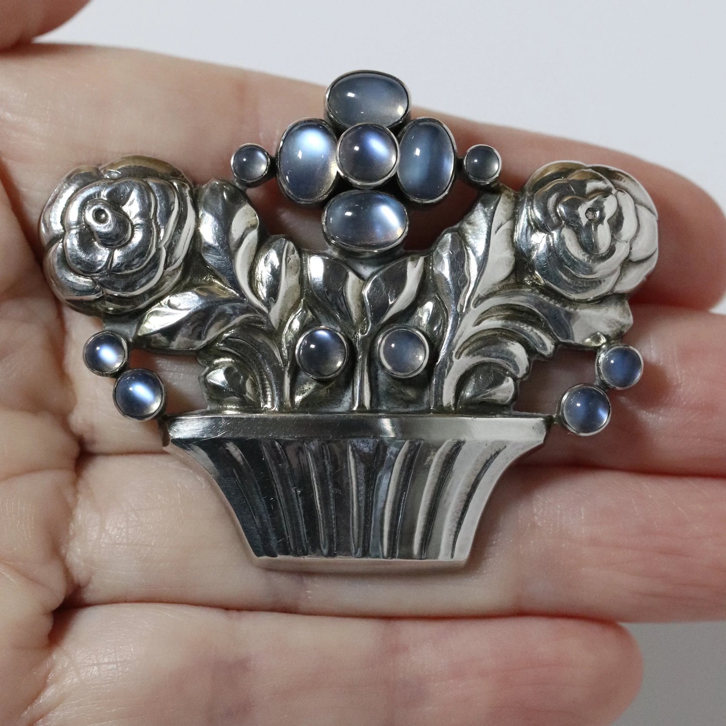 SOLD OUT: Georg Jensen Vintage Jewelry | Rare Flower Basket Moonstone Brooch 67 Denmark - Carmel Fine Silver Jewelry