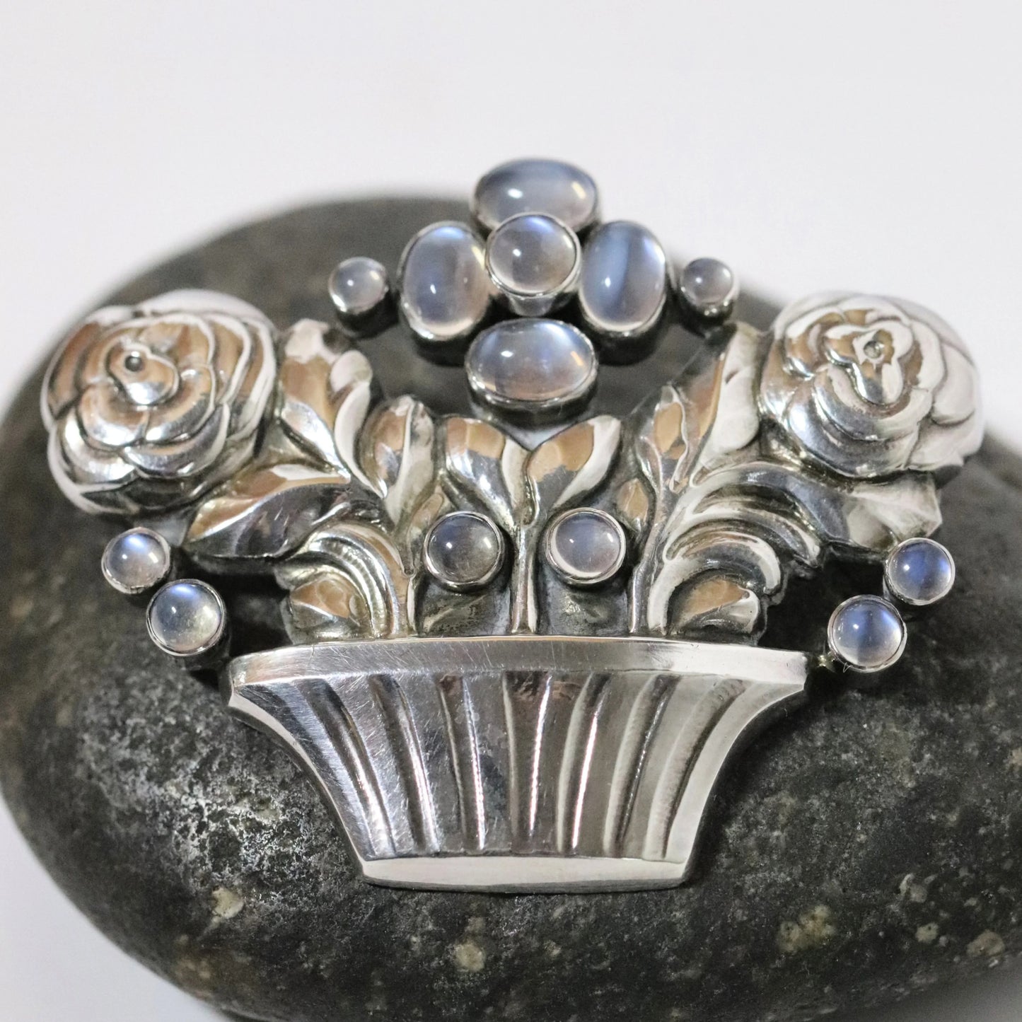 SOLD OUT: Georg Jensen Vintage Jewelry | Rare Flower Basket Moonstone Brooch 67 Denmark - Carmel Fine Silver Jewelry