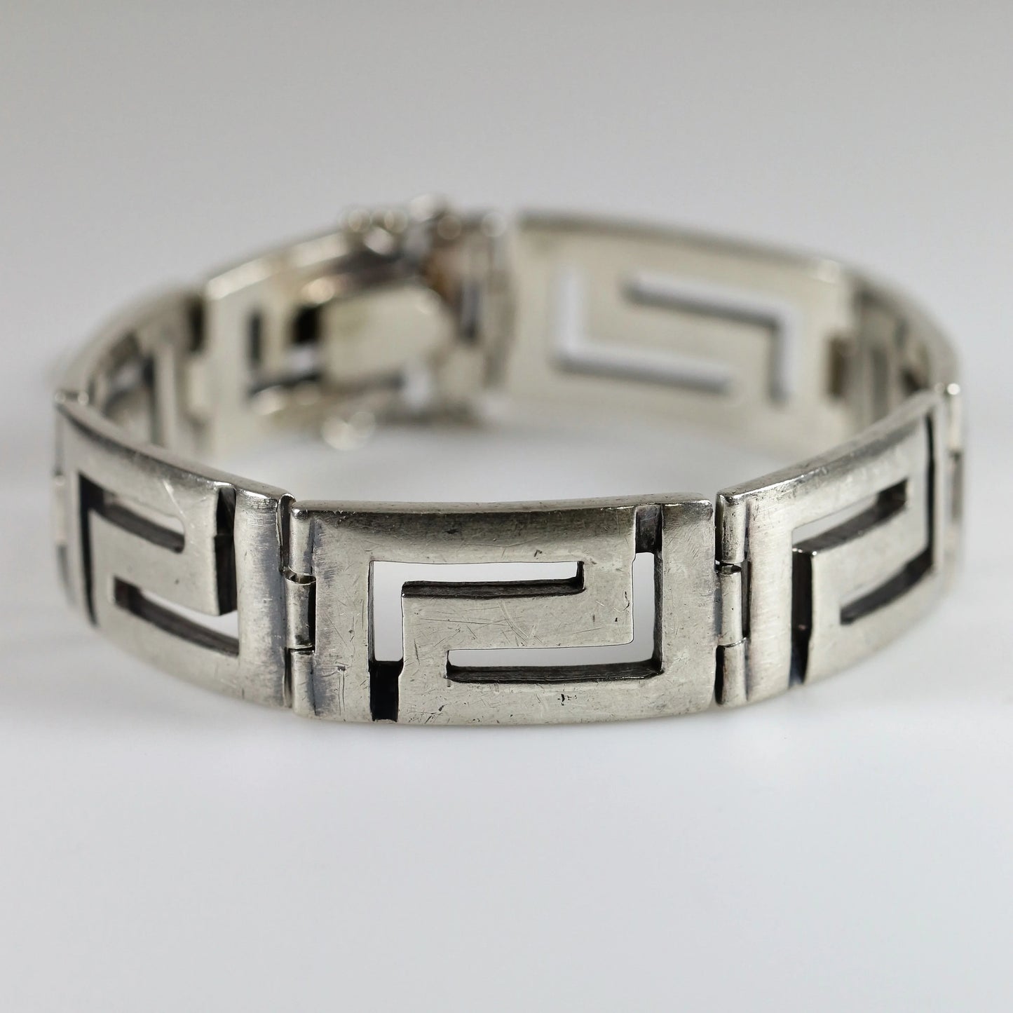 SOLD OUT: Greek Key Link Panel Bracelet | Vintage Sterling Silver | Large Male or Female - Carmel Fine Silver Jewelry