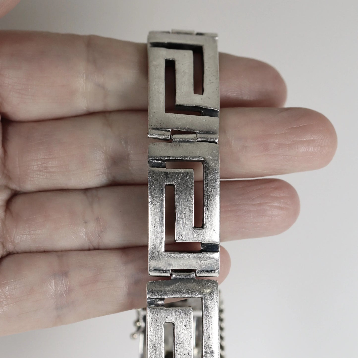 SOLD OUT: Greek Key Link Panel Bracelet | Vintage Sterling Silver | Large Male or Female - Carmel Fine Silver Jewelry