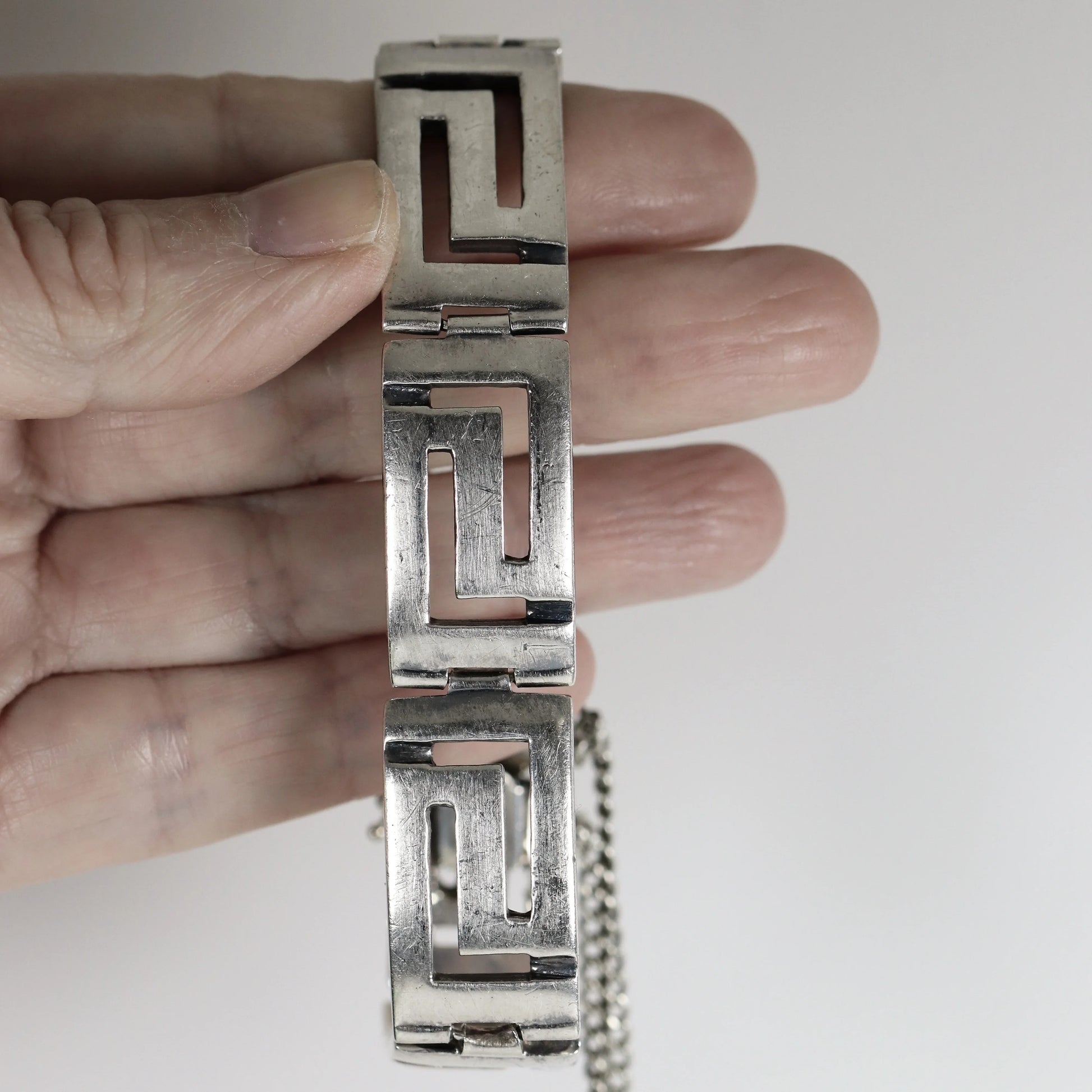 SOLD OUT: Greek Key Link Panel Bracelet | Vintage Sterling Silver | Large Male or Female - Carmel Fine Silver Jewelry