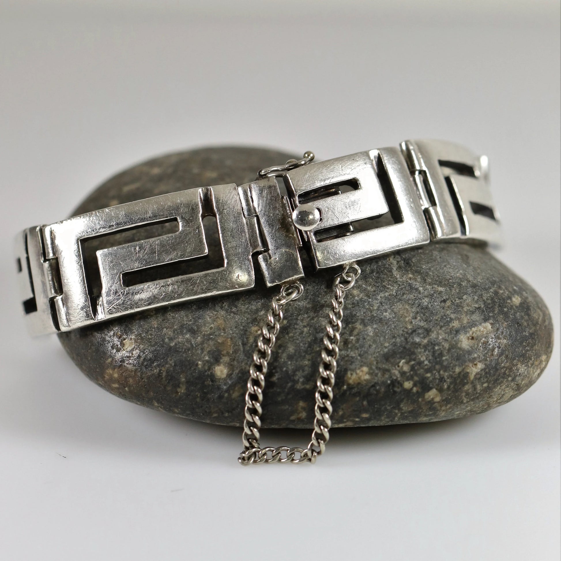 SOLD OUT: Greek Key Link Panel Bracelet | Vintage Sterling Silver | Large Male or Female - Carmel Fine Silver Jewelry
