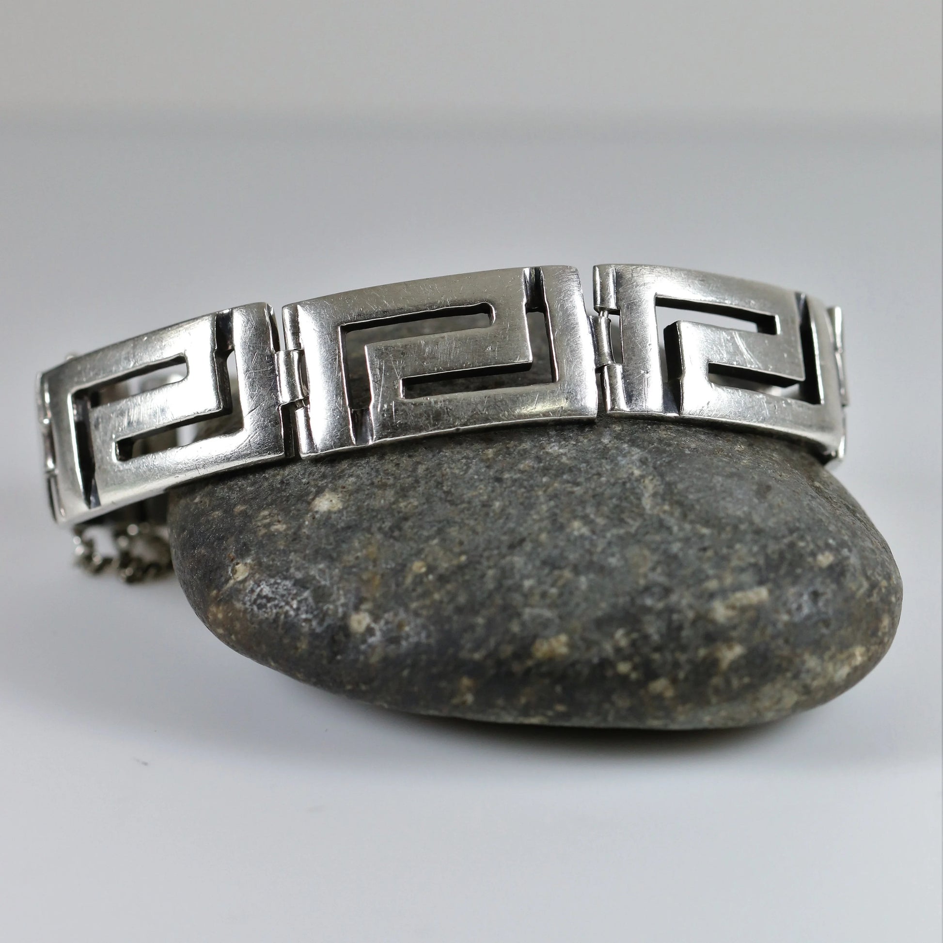 SOLD OUT: Greek Key Link Panel Bracelet | Vintage Sterling Silver | Large Male or Female - Carmel Fine Silver Jewelry