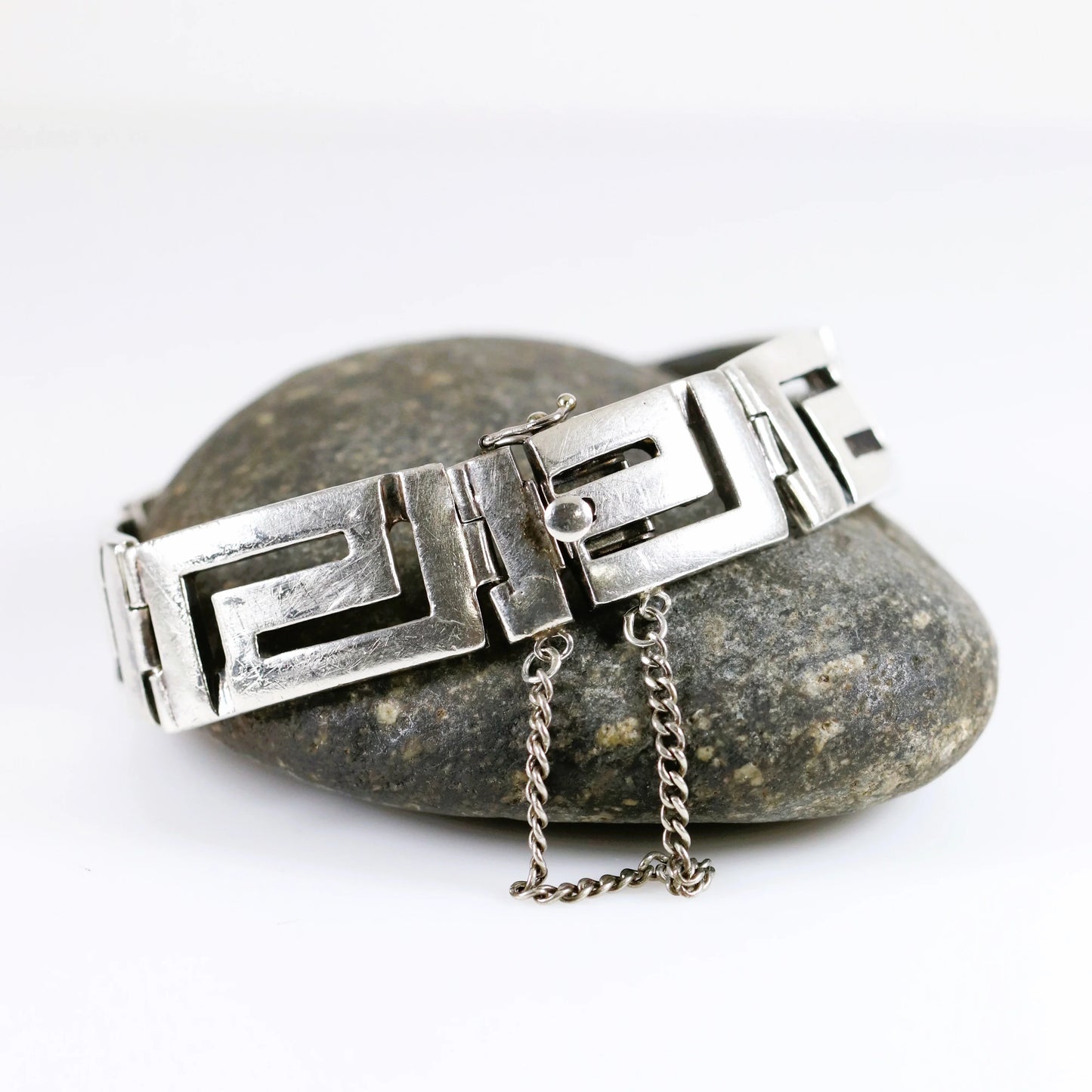 SOLD OUT: Greek Key Link Panel Bracelet | Vintage Sterling Silver | Large Male or Female - Carmel Fine Silver Jewelry