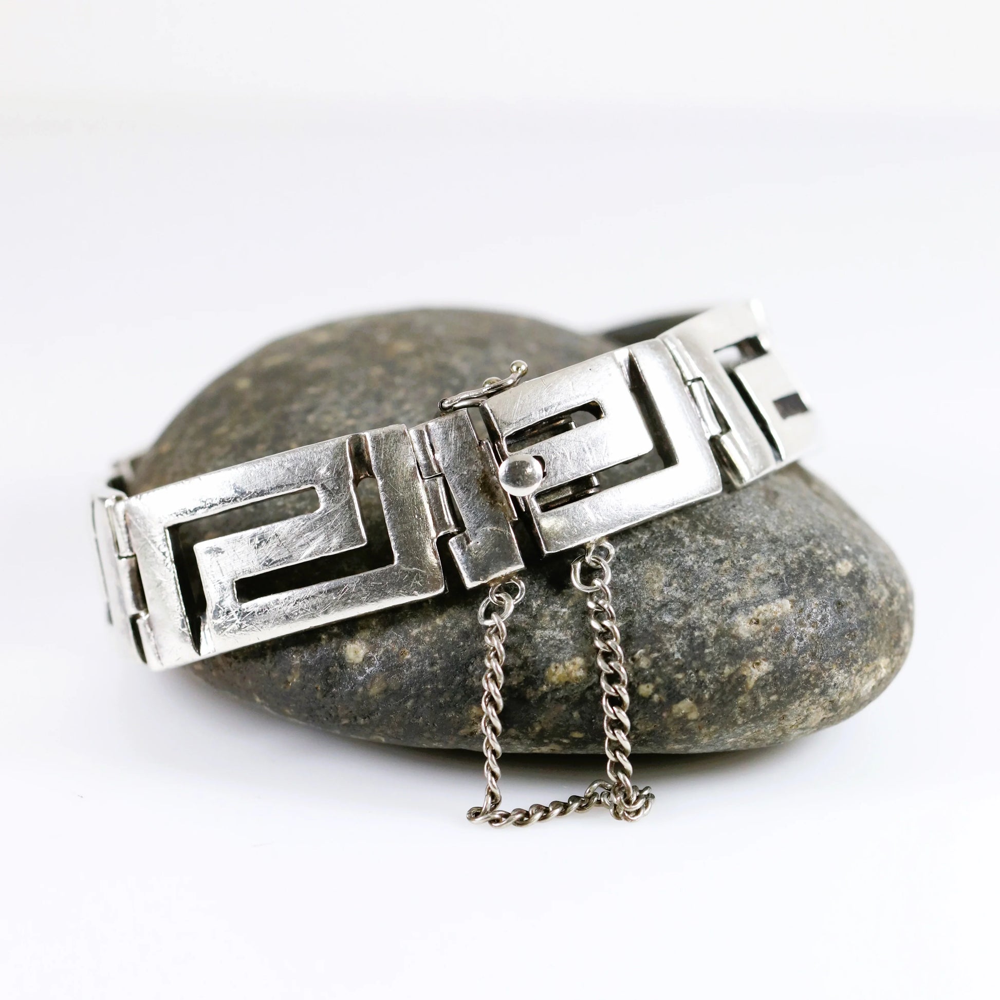 SOLD OUT: Greek Key Link Panel Bracelet | Vintage Sterling Silver | Large Male or Female - Carmel Fine Silver Jewelry