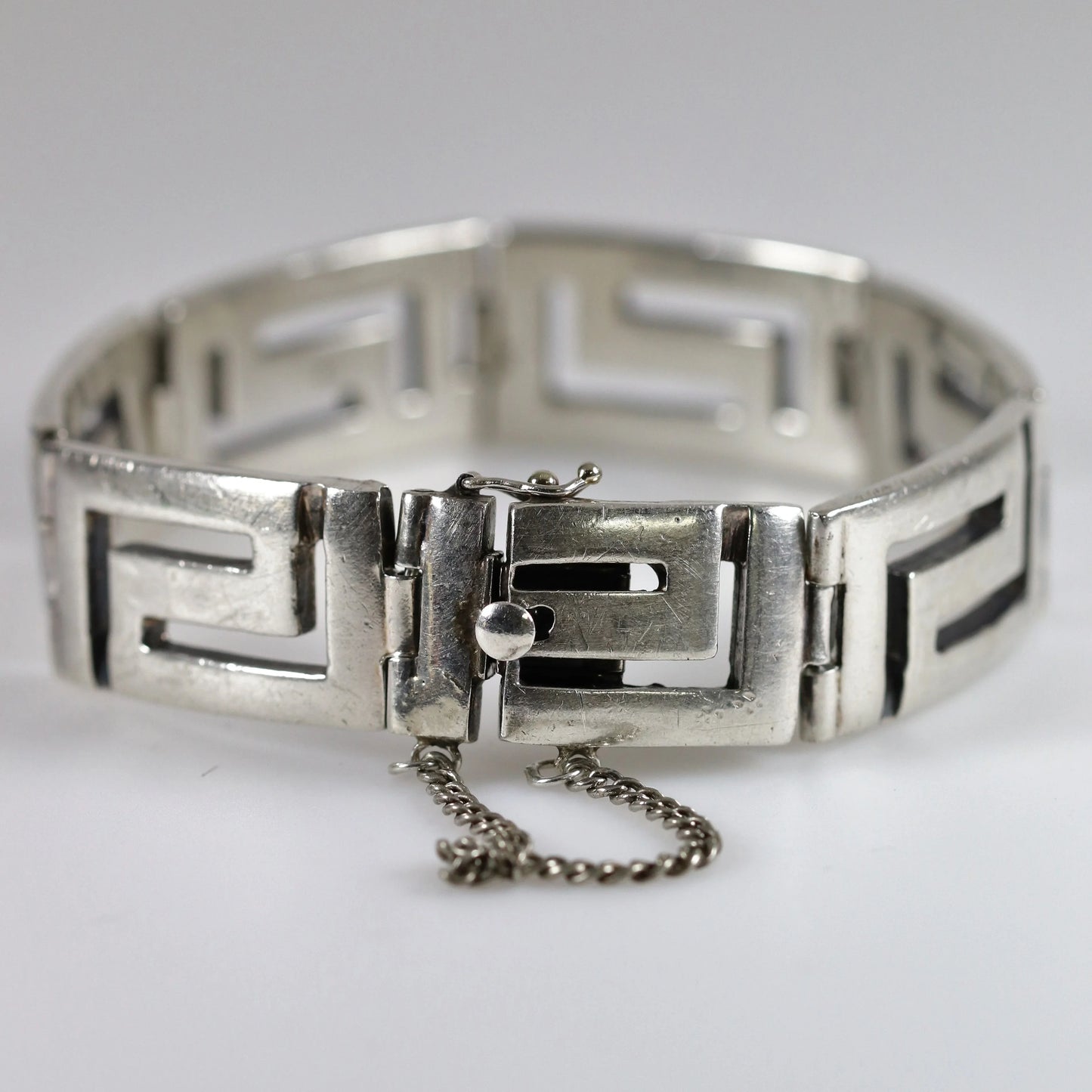 SOLD OUT: Greek Key Link Panel Bracelet | Vintage Sterling Silver | Large Male or Female - Carmel Fine Silver Jewelry