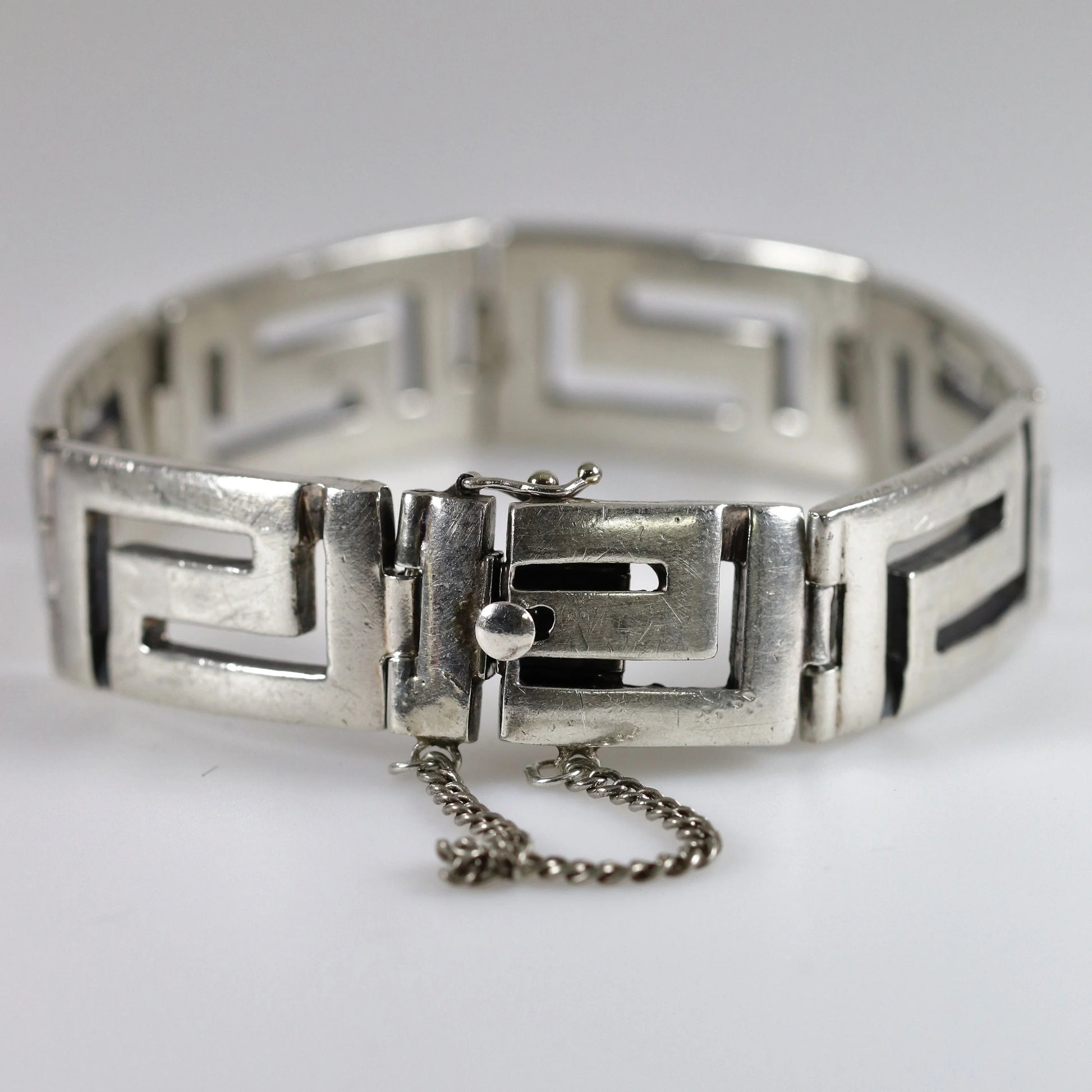 SOLD OUT: Greek Key Link Panel Bracelet | Vintage Sterling Silver | Large Male or Female - Carmel Fine Silver Jewelry