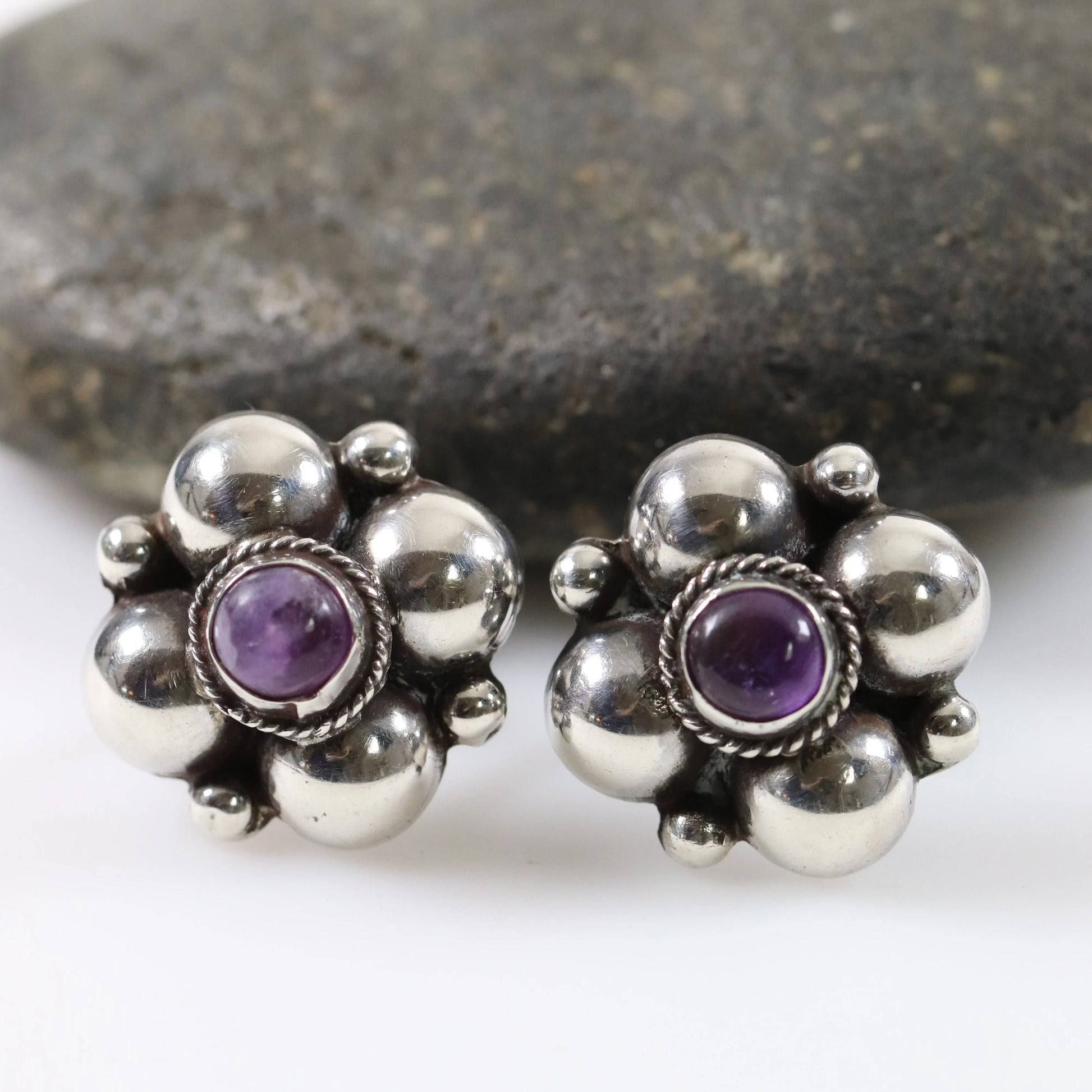 SOLD OUT: Handcrafted Amethyst Earrings | Vintage Sterling Silver | Mid-Century Mexico - Carmel Fine Silver Jewelry