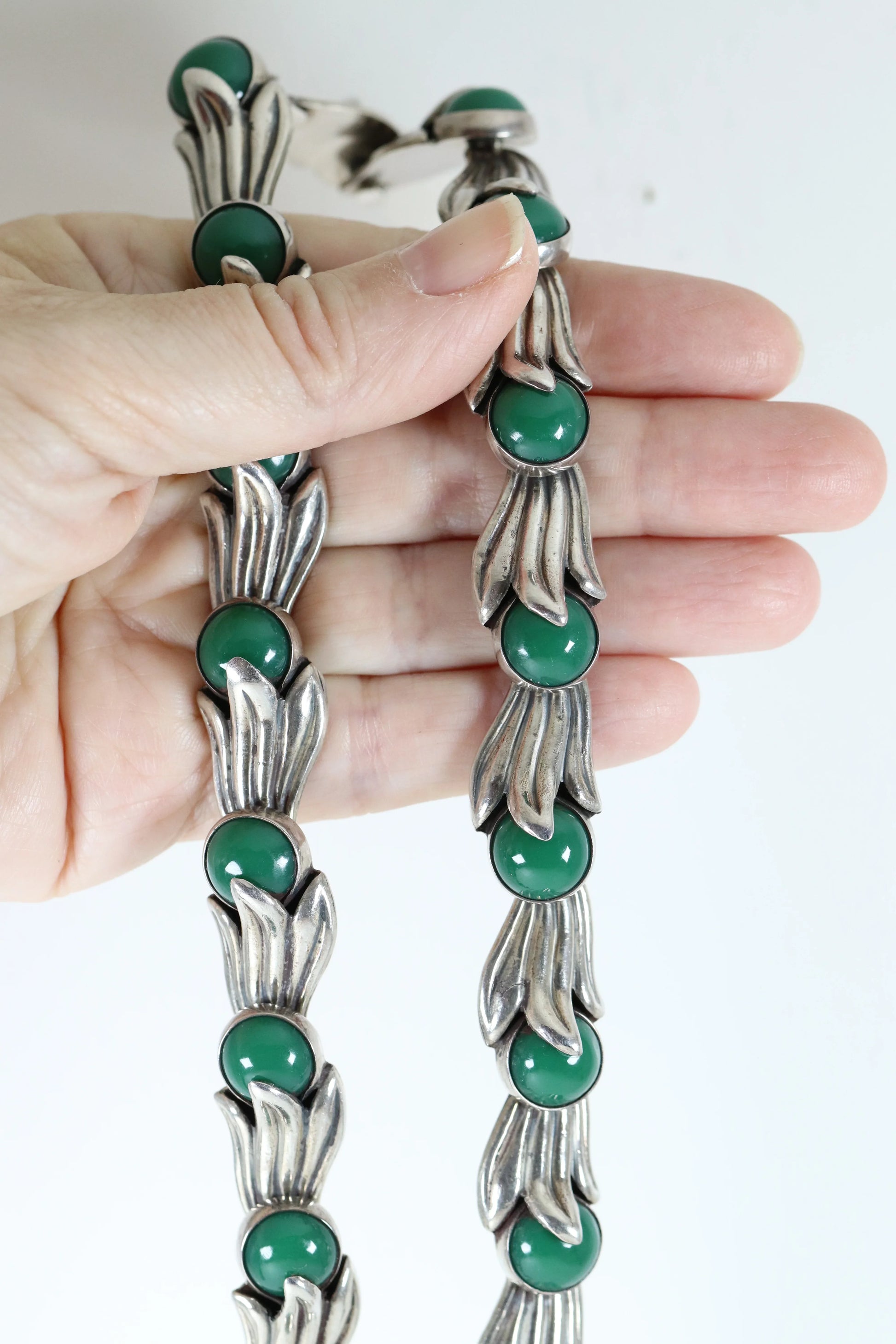 SOLD OUT: Los Castillo Green Onyx Floral Necklace | Vintage Sterling Silver | Taxco Mid-Century - Carmel Fine Silver Jewelry