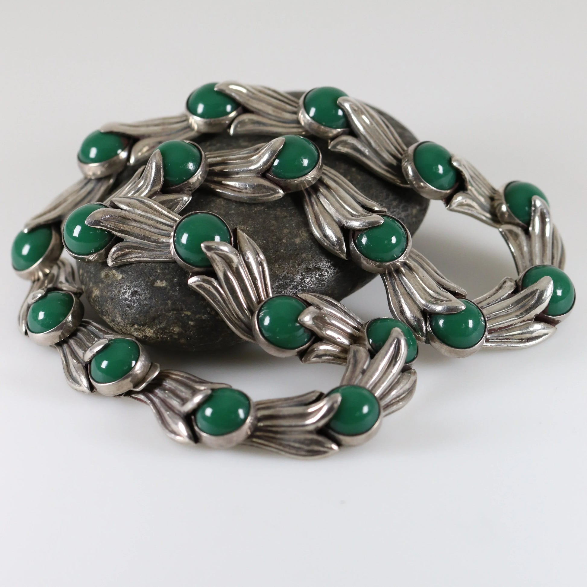 SOLD OUT: Los Castillo Green Onyx Floral Necklace | Vintage Sterling Silver | Taxco Mid-Century - Carmel Fine Silver Jewelry