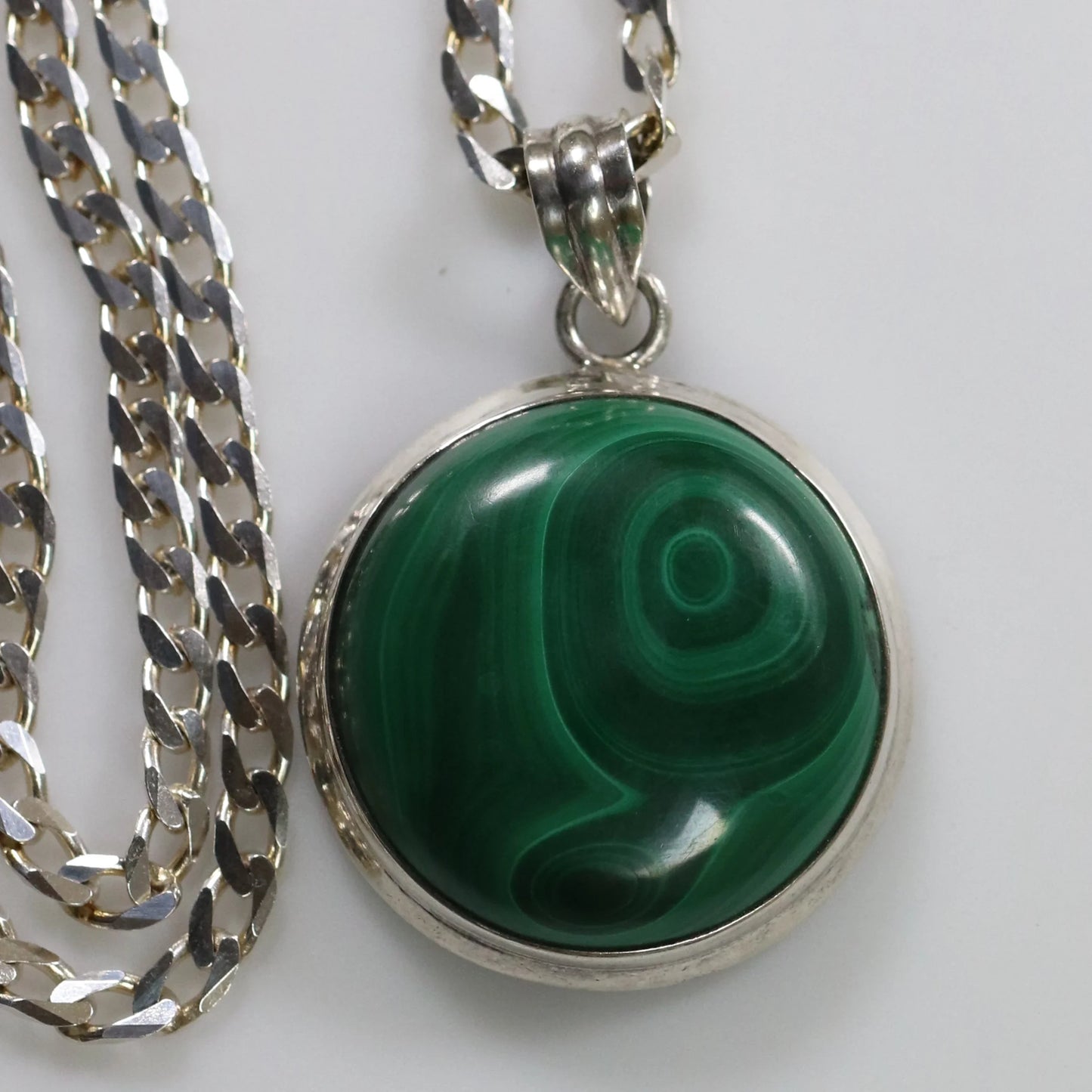 SOLD OUT: Malachite Stone Pendant | Vintage Sterling Silver | 20" Heavy Curb Chain - Carmel Fine Silver Jewelry