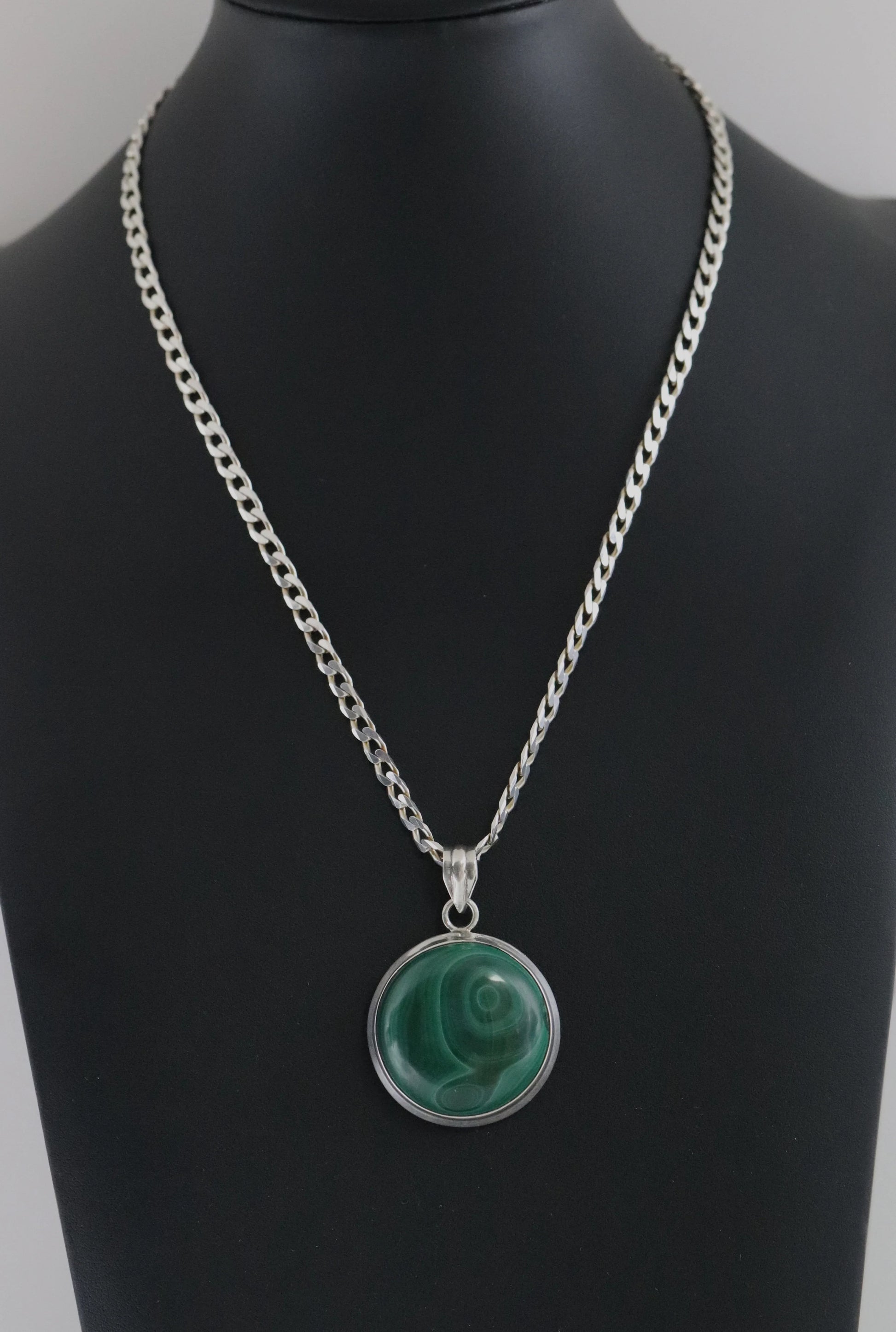 SOLD OUT: Malachite Stone Pendant | Vintage Sterling Silver | 20" Heavy Curb Chain - Carmel Fine Silver Jewelry
