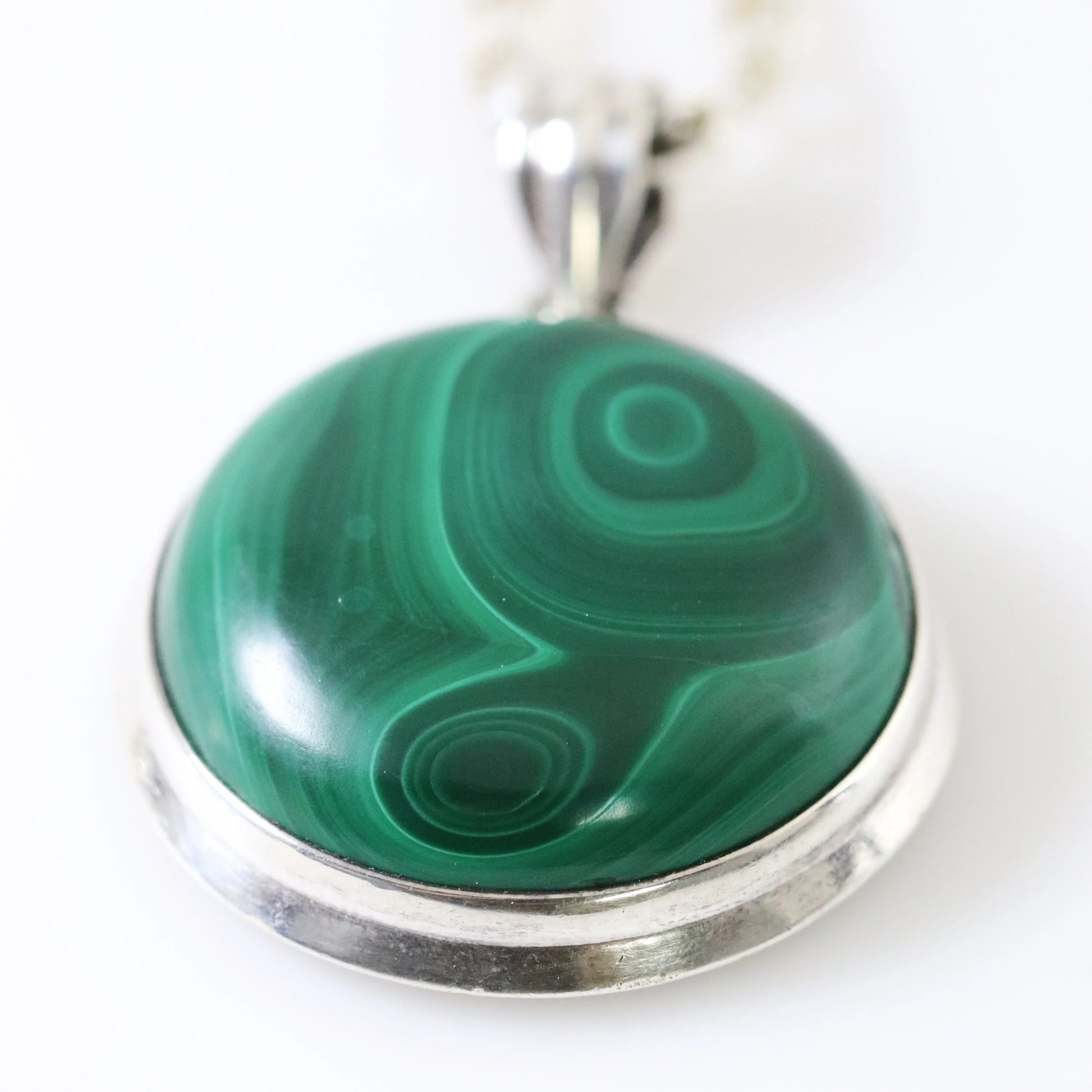 SOLD OUT: Malachite Stone Pendant | Vintage Sterling Silver | 20" Heavy Curb Chain - Carmel Fine Silver Jewelry