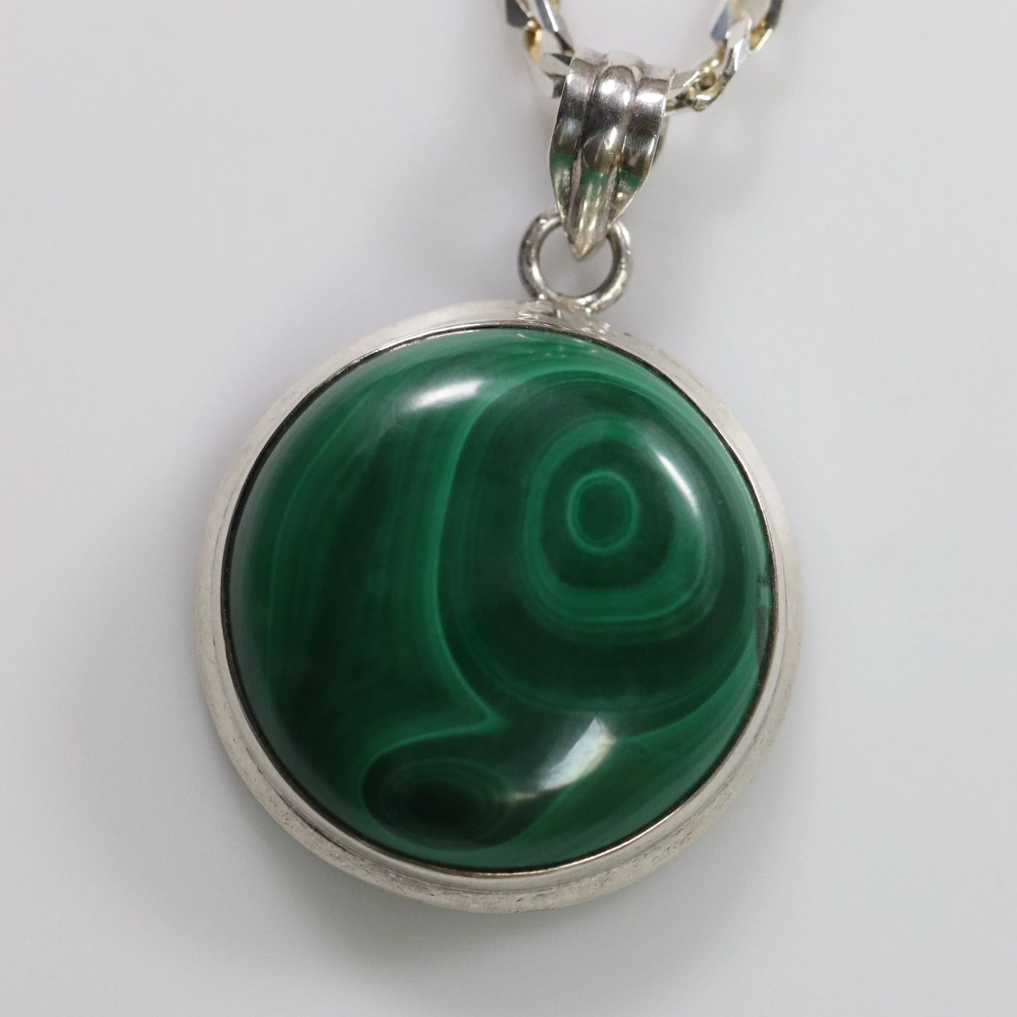 SOLD OUT: Malachite Stone Pendant | Vintage Sterling Silver | 20" Heavy Curb Chain - Carmel Fine Silver Jewelry