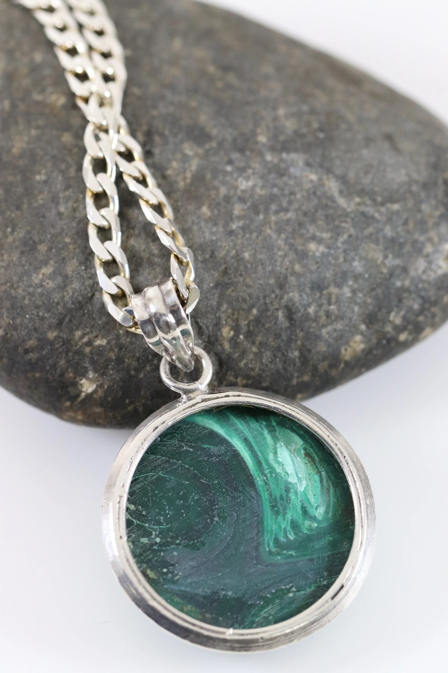 SOLD OUT: Malachite Stone Pendant | Vintage Sterling Silver | 20" Heavy Curb Chain - Carmel Fine Silver Jewelry