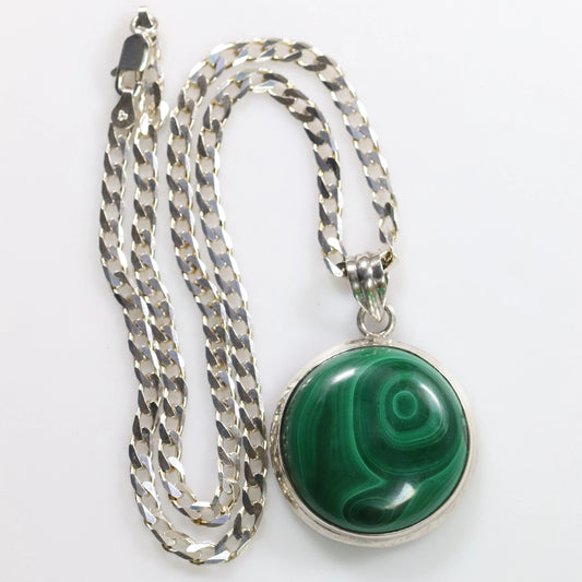 SOLD OUT: Malachite Stone Pendant | Vintage Sterling Silver | 20" Heavy Curb Chain - Carmel FSJ