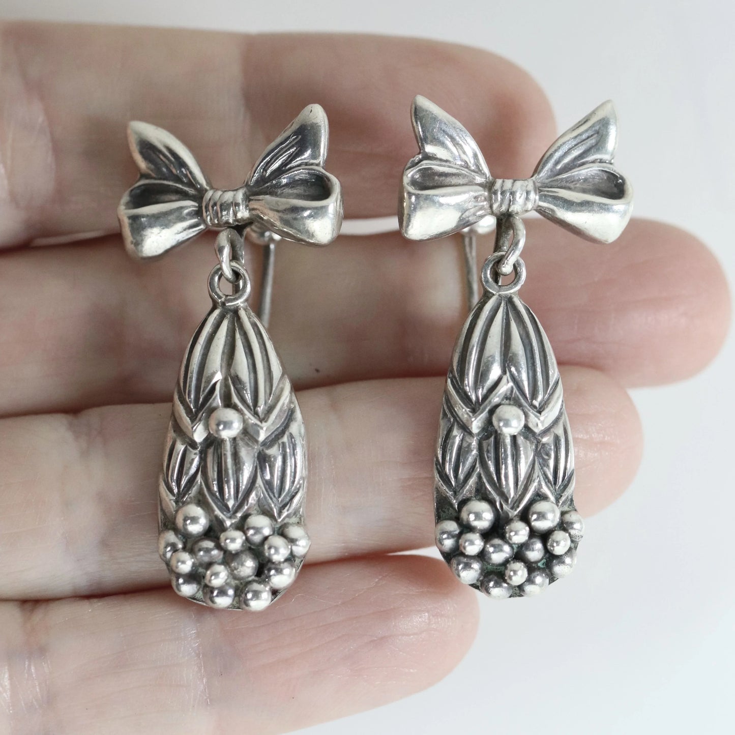 SOLD OUT: Margot de Taxco Bow and Berry Drop Earrings | Vintage Sterling Silver | Screwback Taxco Mexico - Carmel Fine Silver Jewelry