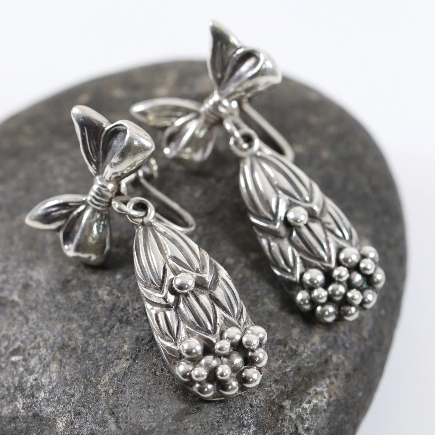 SOLD OUT: Margot de Taxco Bow and Berry Drop Earrings | Vintage Sterling Silver | Screwback Taxco Mexico - Carmel Fine Silver Jewelry