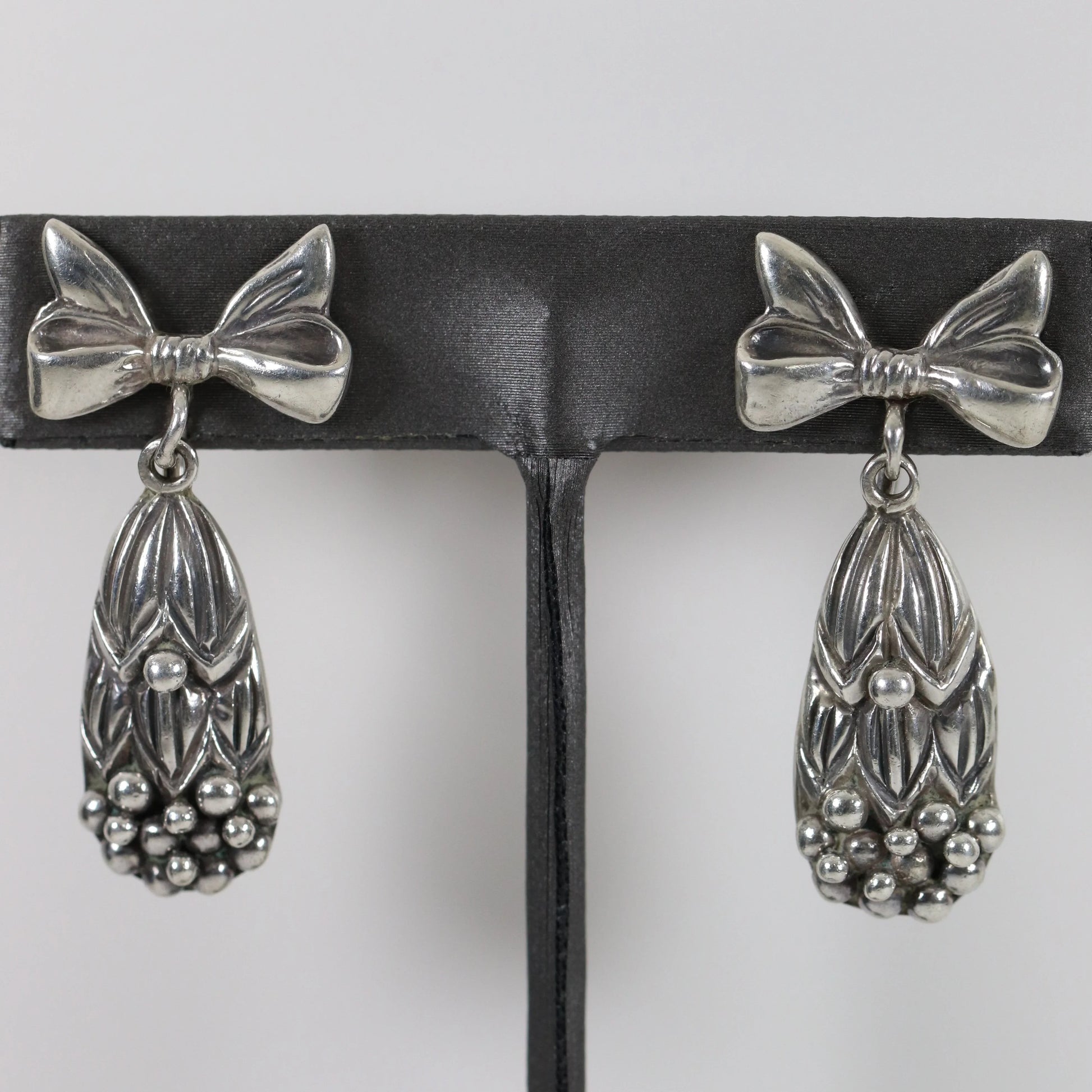 SOLD OUT: Margot de Taxco Bow and Berry Drop Earrings | Vintage Sterling Silver | Screwback Taxco Mexico - Carmel Fine Silver Jewelry