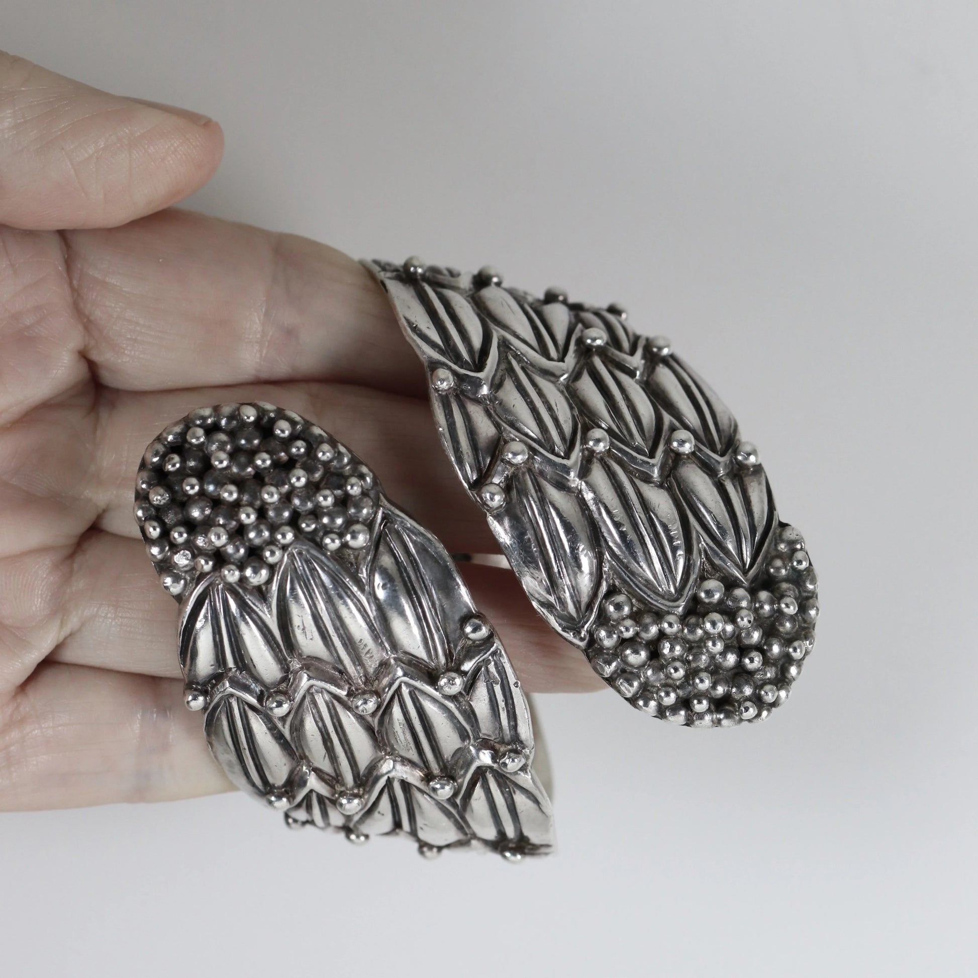 SOLD OUT: Margot de Taxco Foliate Berry Bangle | Vintage Sterling Silver | Spring Clamper Bracelet Taxco Mexico - Carmel Fine Silver Jewelry