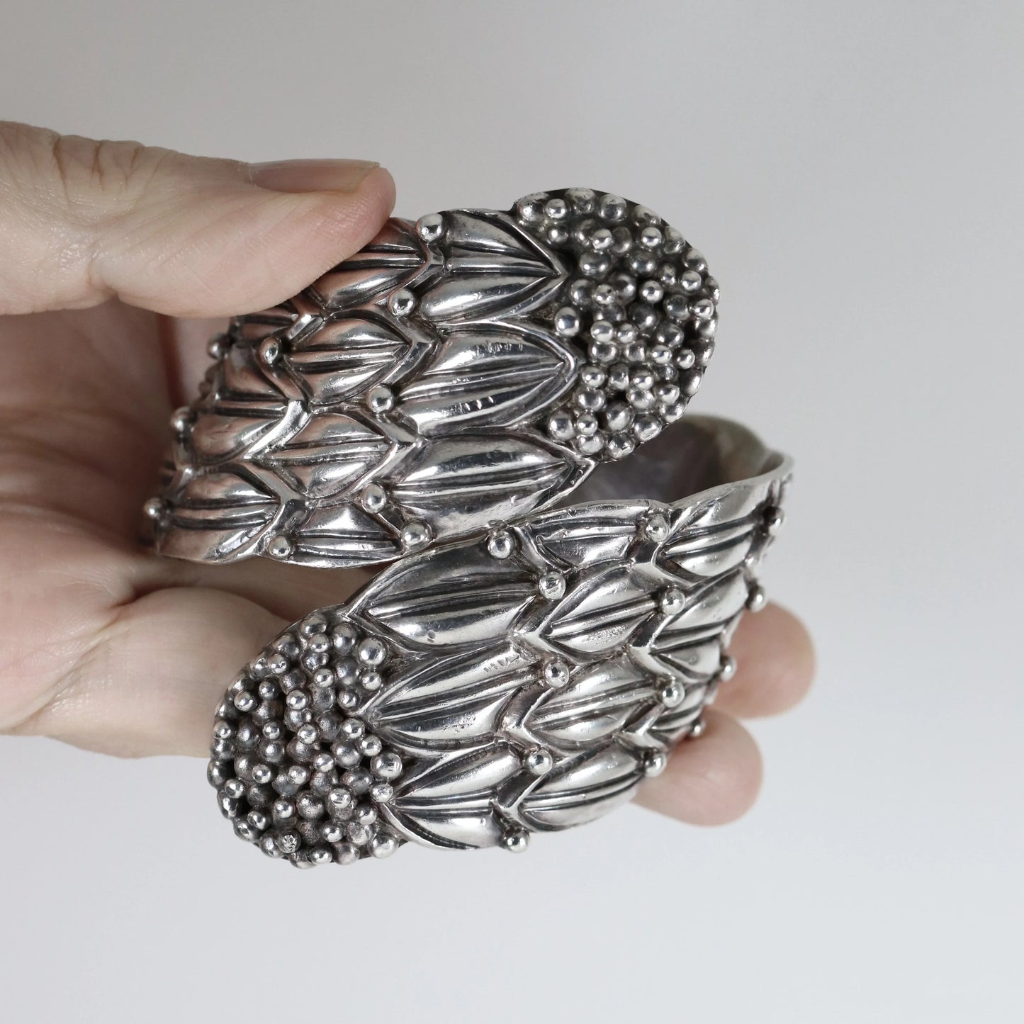 SOLD OUT: Margot de Taxco Foliate Berry Bangle | Vintage Sterling Silver | Spring Clamper Bracelet Taxco Mexico - Carmel Fine Silver Jewelry