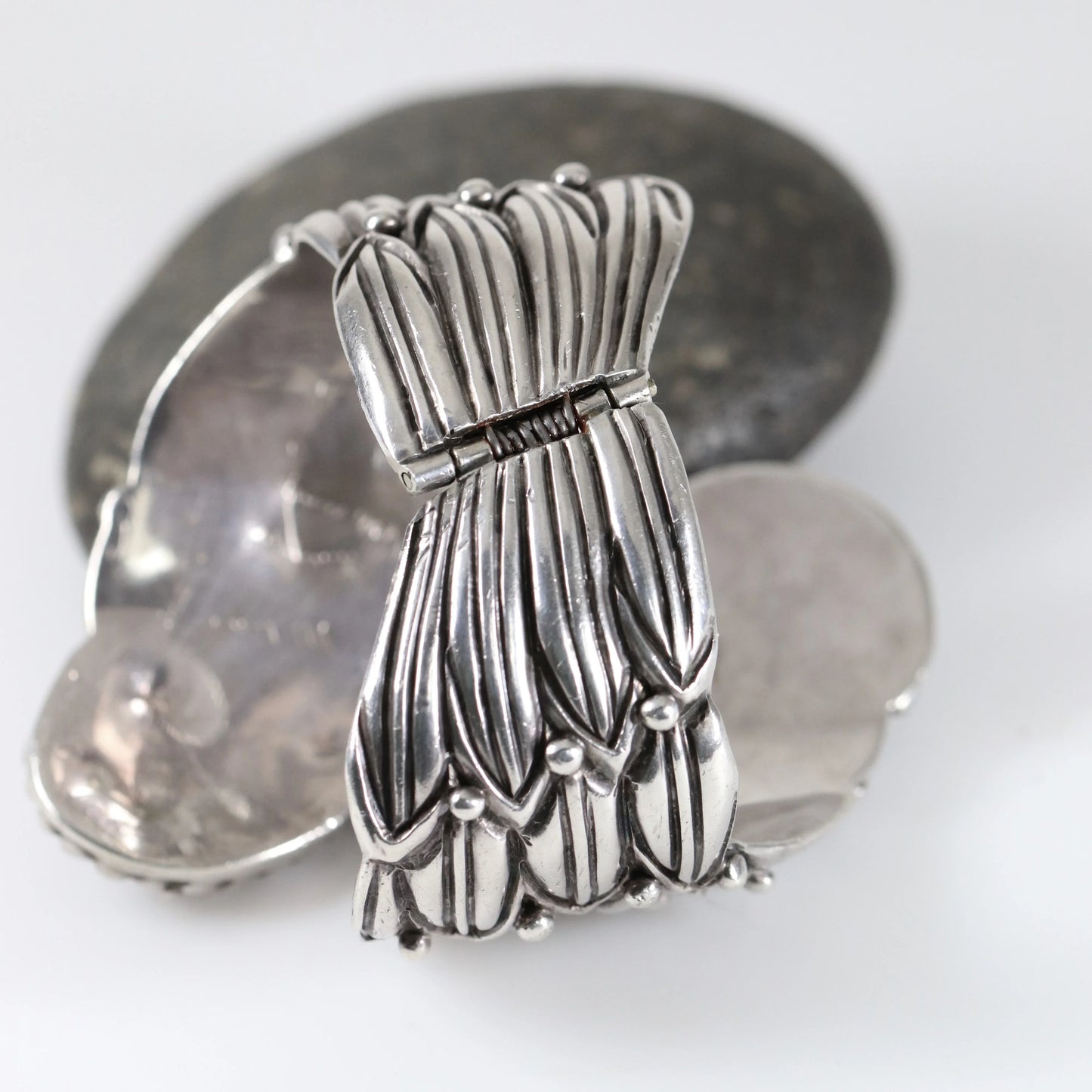 SOLD OUT: Margot de Taxco Foliate Berry Bangle | Vintage Sterling Silver | Spring Clamper Bracelet Taxco Mexico - Carmel Fine Silver Jewelry