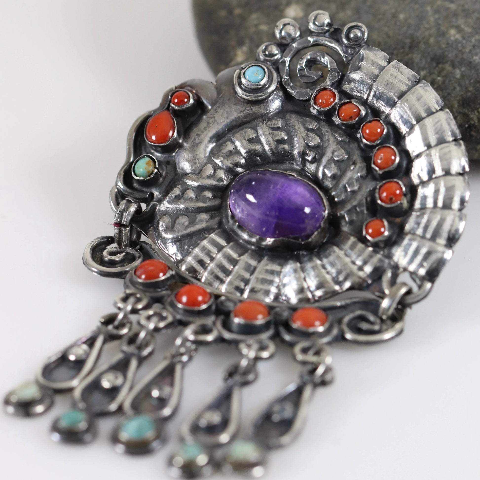 SOLD OUT: MATL Brooch or Pendant | Ricardo Salas Amethyst Cabochon Pin | Vintage Sterling Silver Mexico - Carmel Fine Silver Jewelry