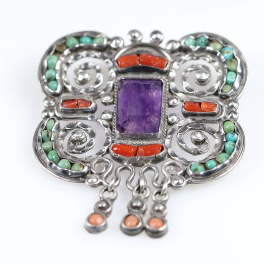 SOLD OUT: MATL Brooch | Ricardo Salas Amethyst, Coral, Tourquoise Pin | Vintage Sterling Silver Mexico - Carmel Fine Silver Jewelry