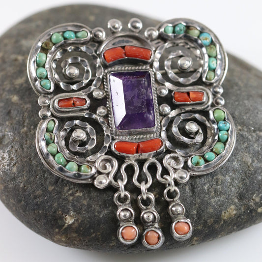 SOLD OUT: MATL Brooch | Ricardo Salas Amethyst, Coral, Tourquoise Pin | Vintage Sterling Silver Mexico - Carmel FSJ