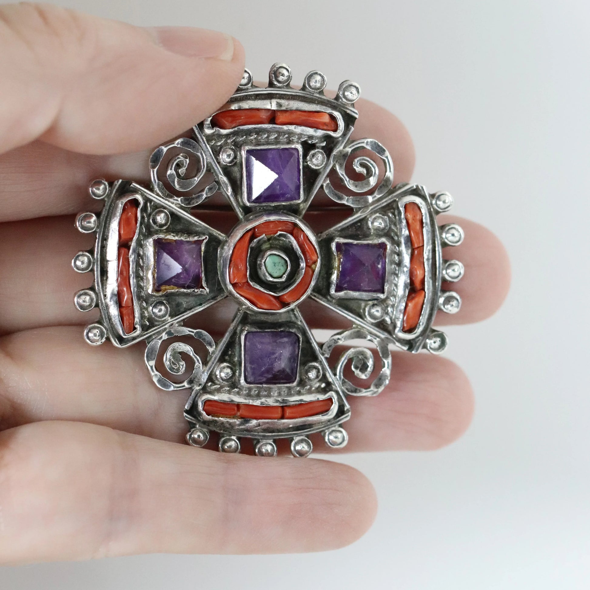 SOLD OUT: MATL Brooch | Ricardo Salas Amethyst Cross Pin | Vintage Sterling Silver Mexico - Carmel Fine Silver Jewelry