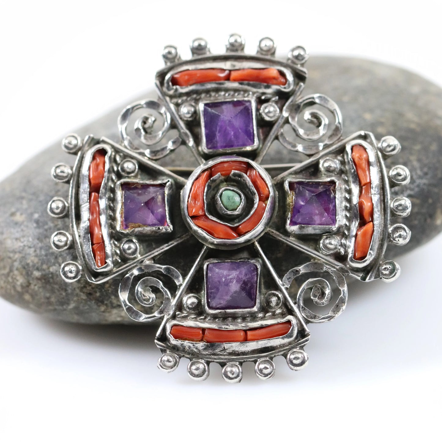 SOLD OUT: MATL Brooch | Ricardo Salas Amethyst Cross Pin | Vintage Sterling Silver Mexico - Carmel Fine Silver Jewelry