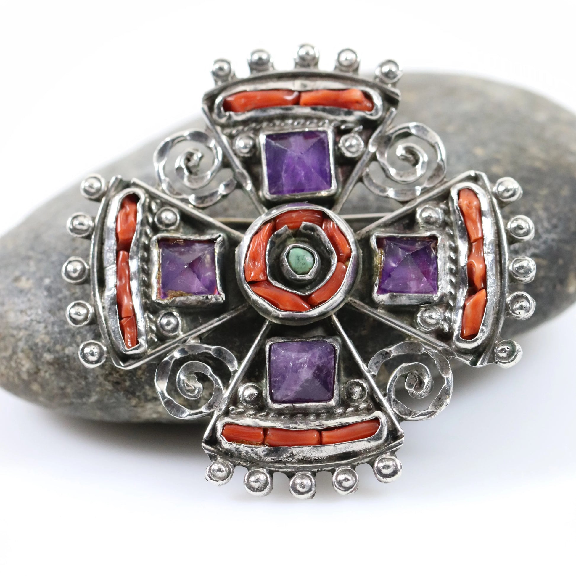 SOLD OUT: MATL Brooch | Ricardo Salas Amethyst Cross Pin | Vintage Sterling Silver Mexico - Carmel Fine Silver Jewelry