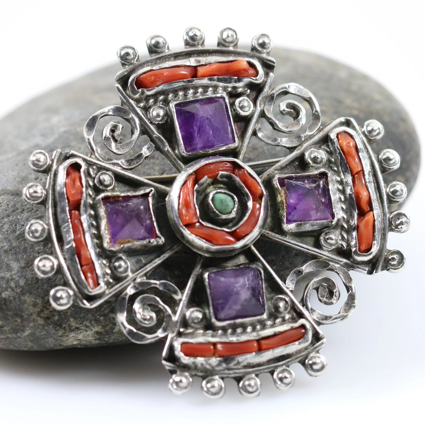 SOLD OUT: MATL Brooch | Ricardo Salas Amethyst Cross Pin | Vintage Sterling Silver Mexico - Carmel Fine Silver Jewelry