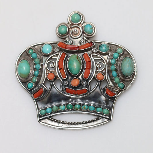 SOLD OUT: MATL Matilde Poulat Crown Brooch | Vintage Sterling Silver | Turquoise and Coral Pin Mid-Century Mexico - Carmel Fine Silver Jewelry
