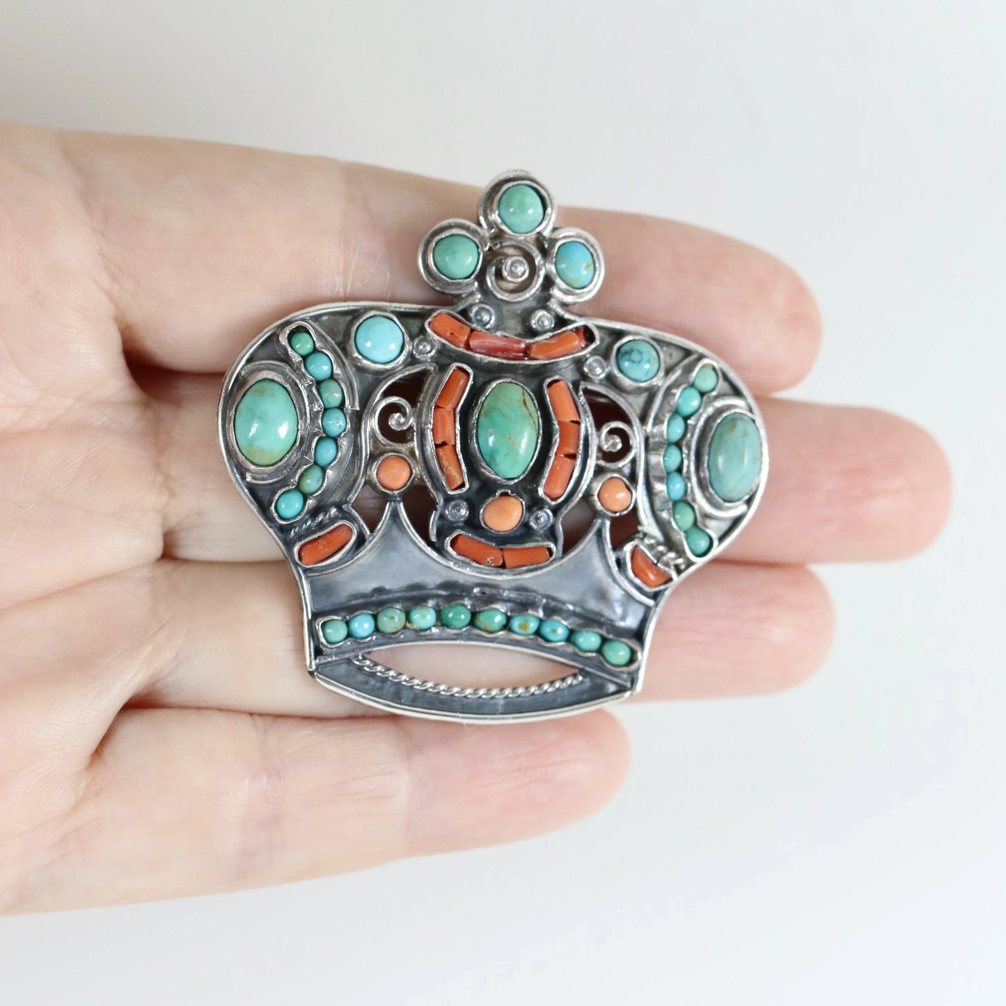 SOLD OUT: MATL Matilde Poulat Crown Brooch | Vintage Sterling Silver | Turquoise and Coral Pin Mid-Century Mexico - Carmel Fine Silver Jewelry