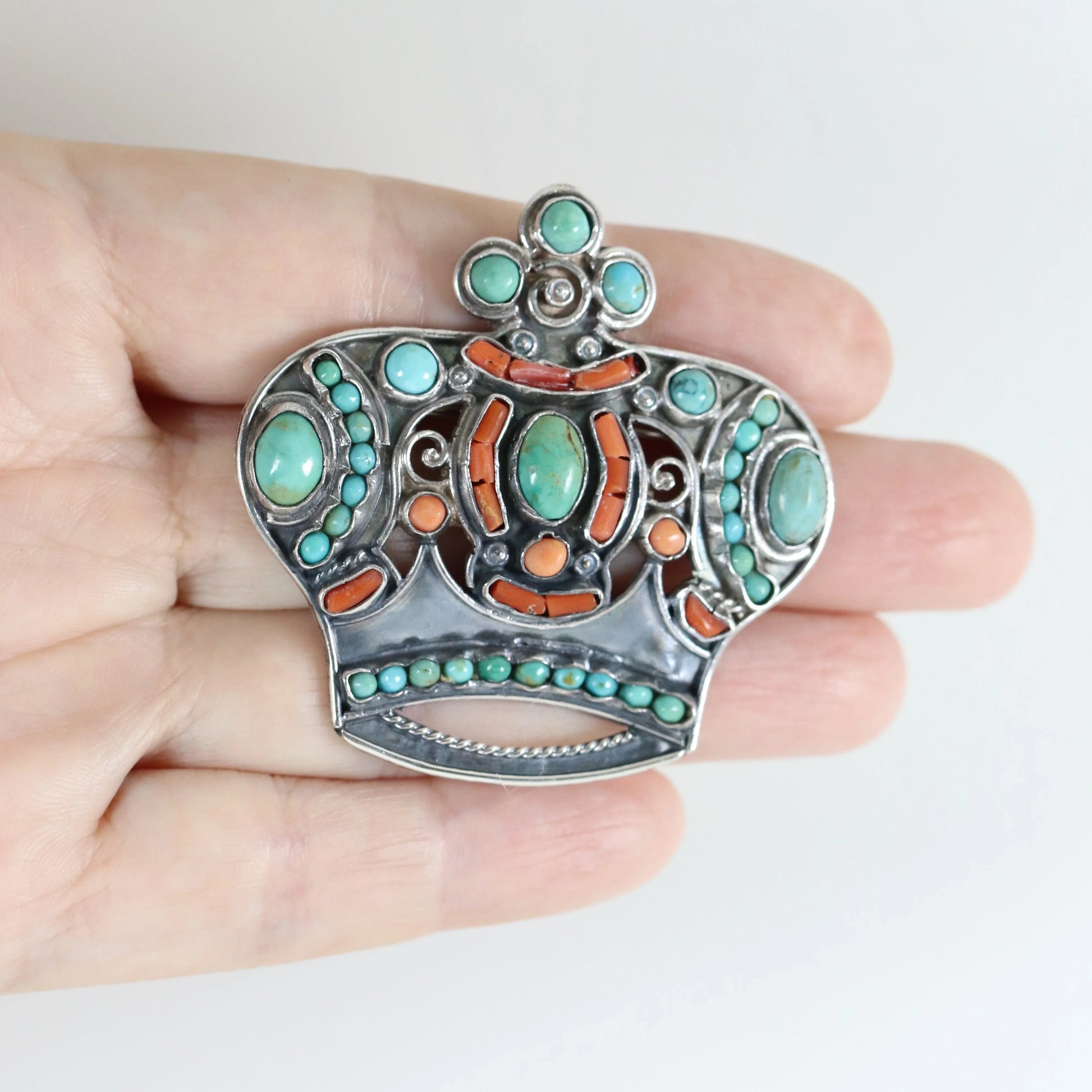 SOLD OUT: MATL Matilde Poulat Crown Brooch | Vintage Sterling Silver | Turquoise and Coral Pin Mid-Century Mexico - Carmel Fine Silver Jewelry