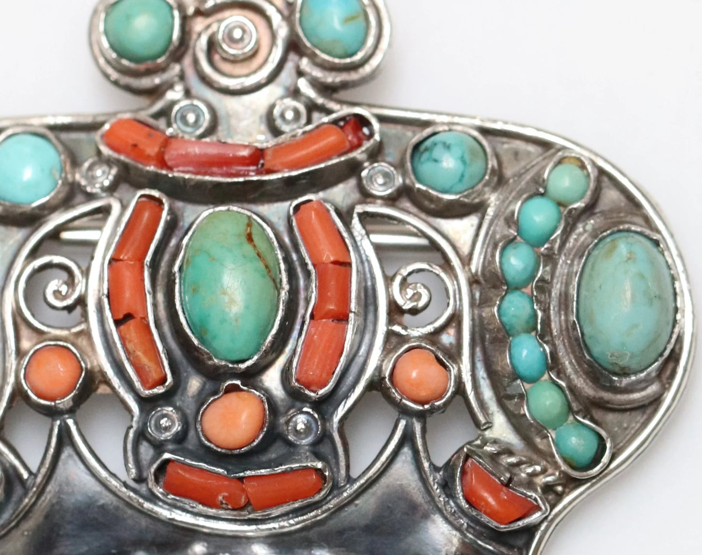 SOLD OUT: MATL Matilde Poulat Crown Brooch | Vintage Sterling Silver | Turquoise and Coral Pin Mid-Century Mexico - Carmel Fine Silver Jewelry