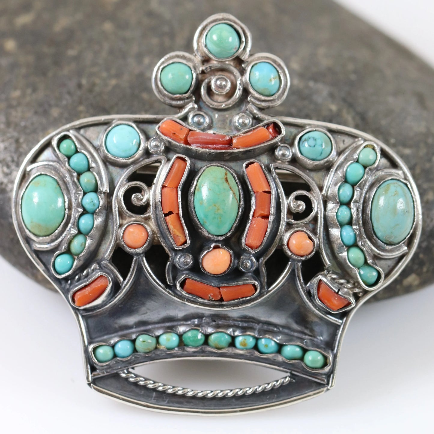 SOLD OUT: MATL Matilde Poulat Crown Brooch | Vintage Sterling Silver | Turquoise and Coral Pin Mid-Century Mexico - Carmel Fine Silver Jewelry