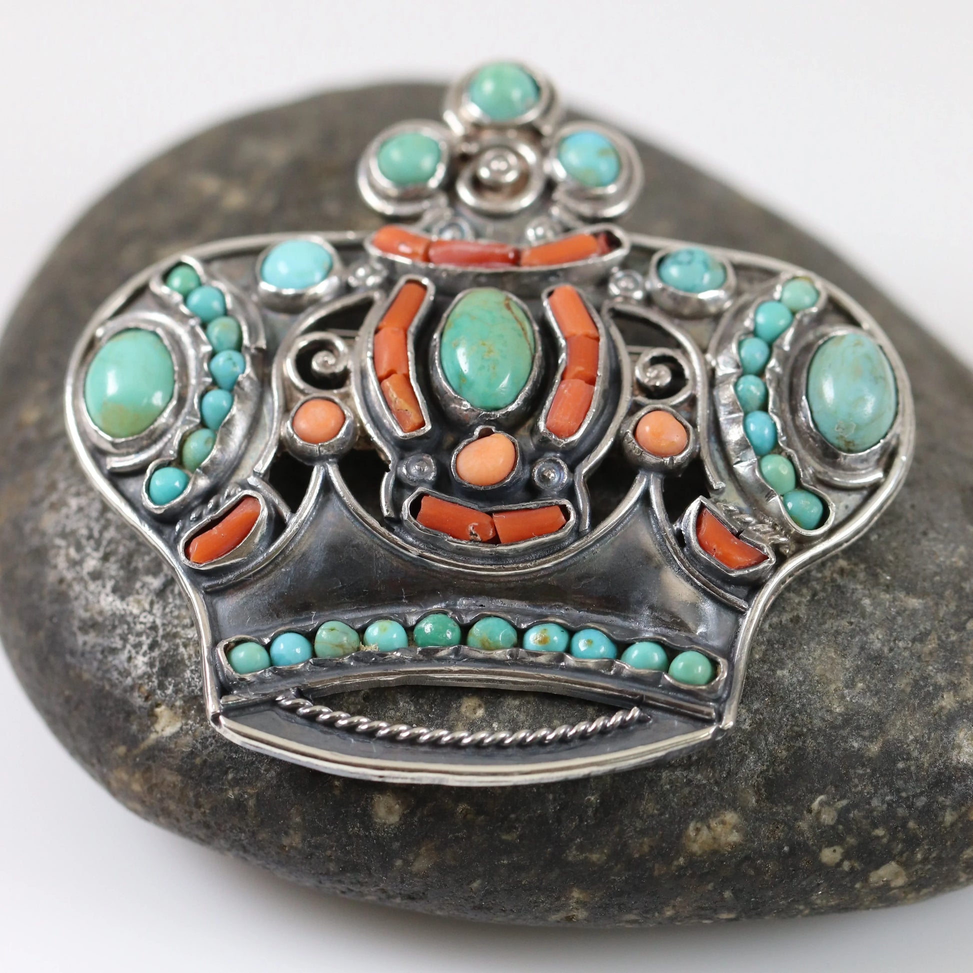 SOLD OUT: MATL Matilde Poulat Crown Brooch | Vintage Sterling Silver | Turquoise and Coral Pin Mid-Century Mexico - Carmel Fine Silver Jewelry