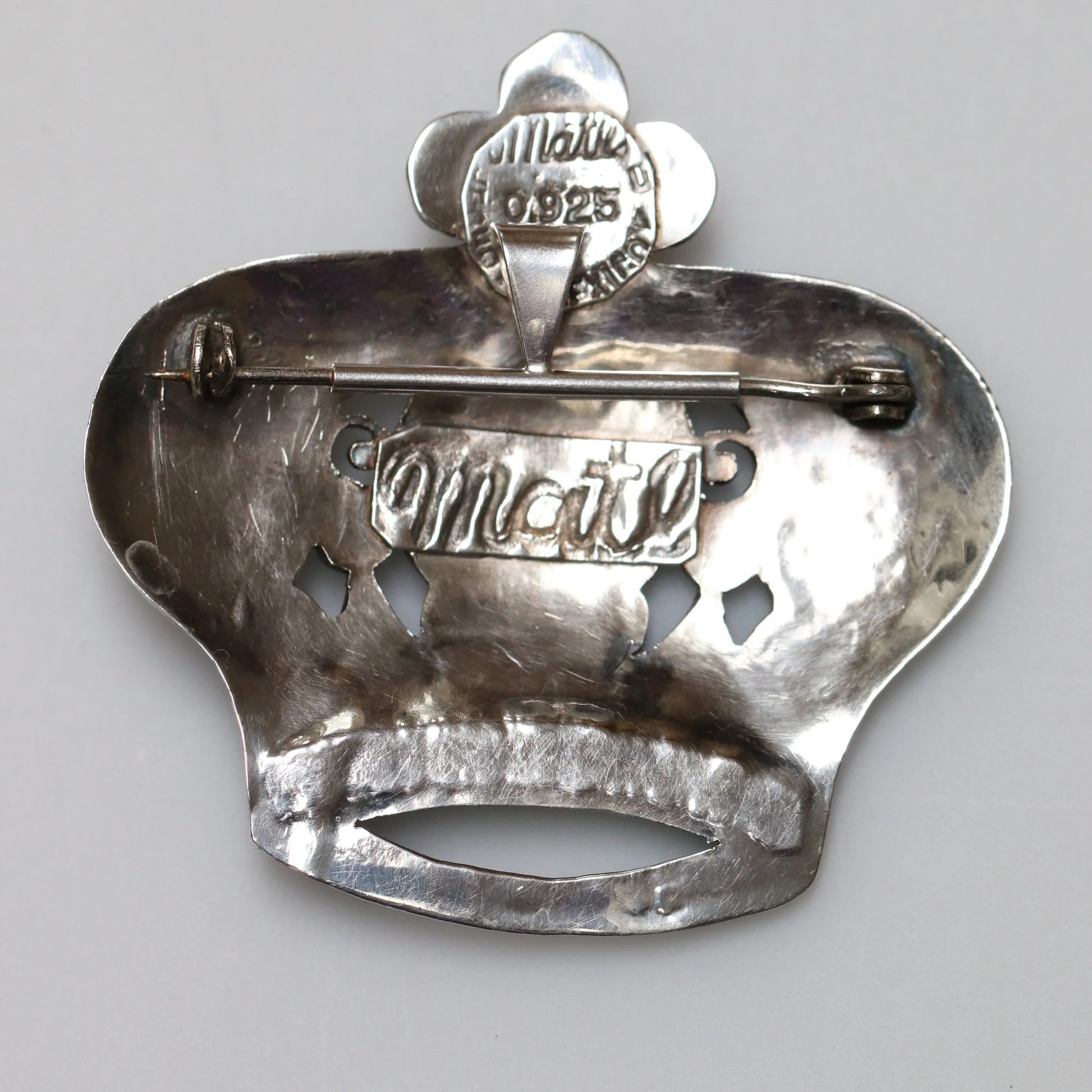 SOLD OUT: MATL Matilde Poulat Crown Brooch | Vintage Sterling Silver | Turquoise and Coral Pin Mid-Century Mexico - Carmel Fine Silver Jewelry