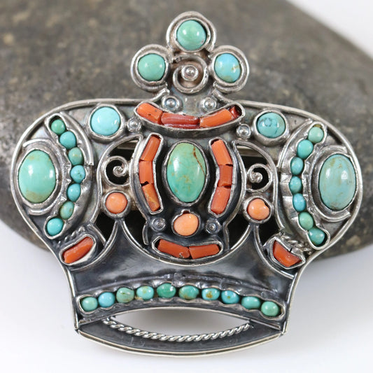 SOLD OUT: MATL Matilde Poulat Crown Brooch | Vintage Sterling Silver | Turquoise and Coral Pin Mid-Century Mexico - Carmel FSJ