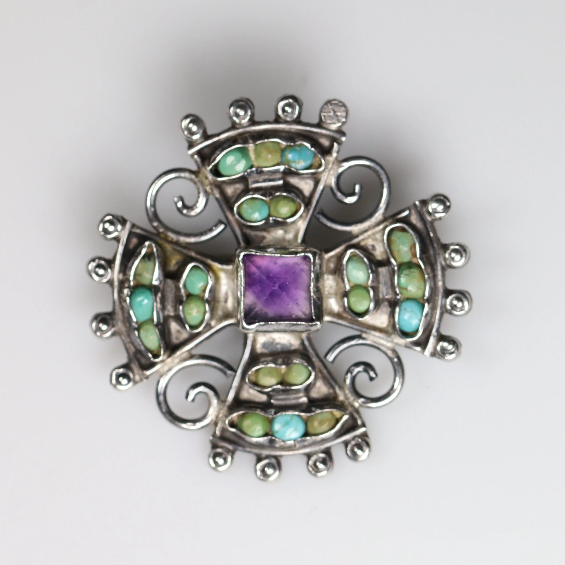 SOLD OUT: MATL Petite Multi-Stone Matilde Poulat Brooch | Vintage Sterling Silver | Amethyst and Turquoise Pin Mid Century Mexico - Carmel Fine Silver Jewelry
