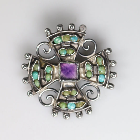 SOLD OUT: MATL Petite Multi-Stone Matilde Poulat Brooch | Vintage Sterling Silver | Amethyst and Turquoise Pin Mid Century Mexico - Carmel Fine Silver Jewelry