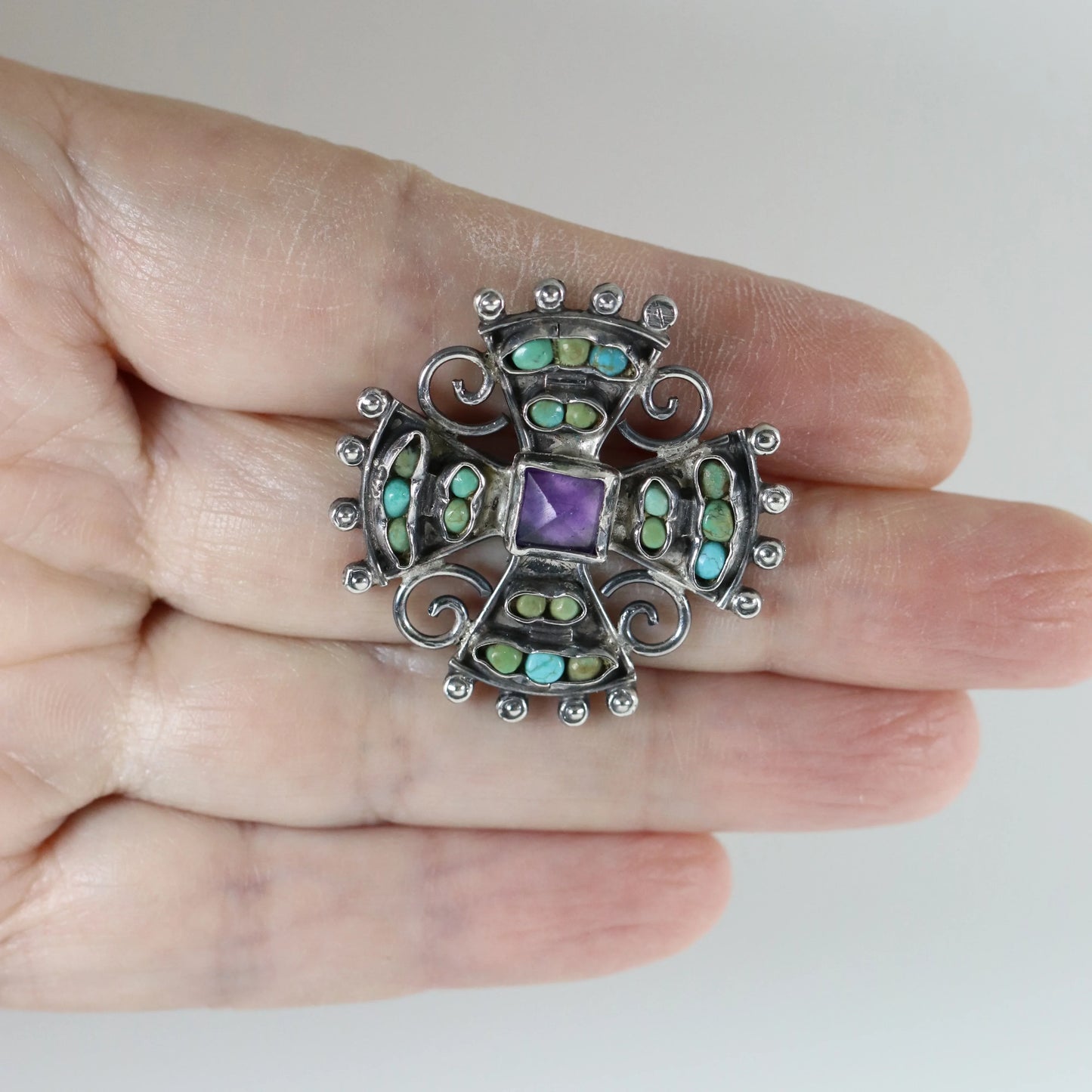 SOLD OUT: MATL Petite Multi-Stone Matilde Poulat Brooch | Vintage Sterling Silver | Amethyst and Turquoise Pin Mid Century Mexico - Carmel Fine Silver Jewelry