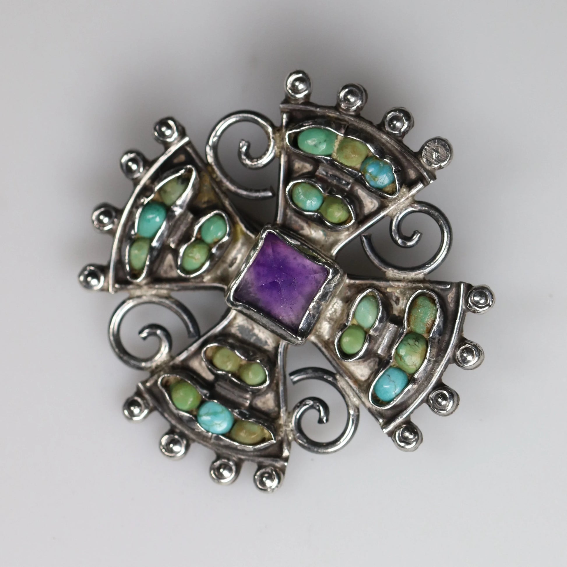 SOLD OUT: MATL Petite Multi-Stone Matilde Poulat Brooch | Vintage Sterling Silver | Amethyst and Turquoise Pin Mid Century Mexico - Carmel Fine Silver Jewelry