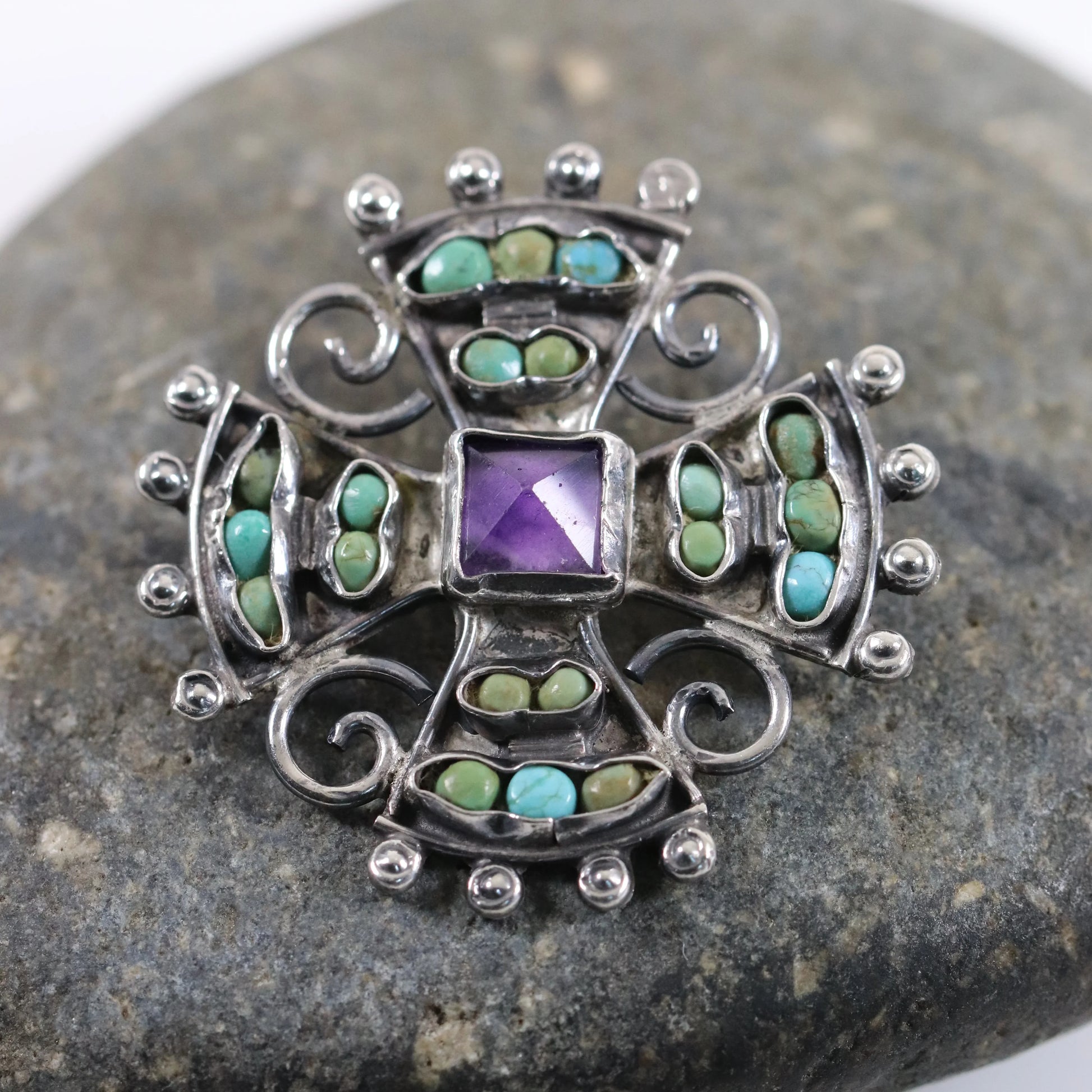 SOLD OUT: MATL Petite Multi-Stone Matilde Poulat Brooch | Vintage Sterling Silver | Amethyst and Turquoise Pin Mid Century Mexico - Carmel Fine Silver Jewelry