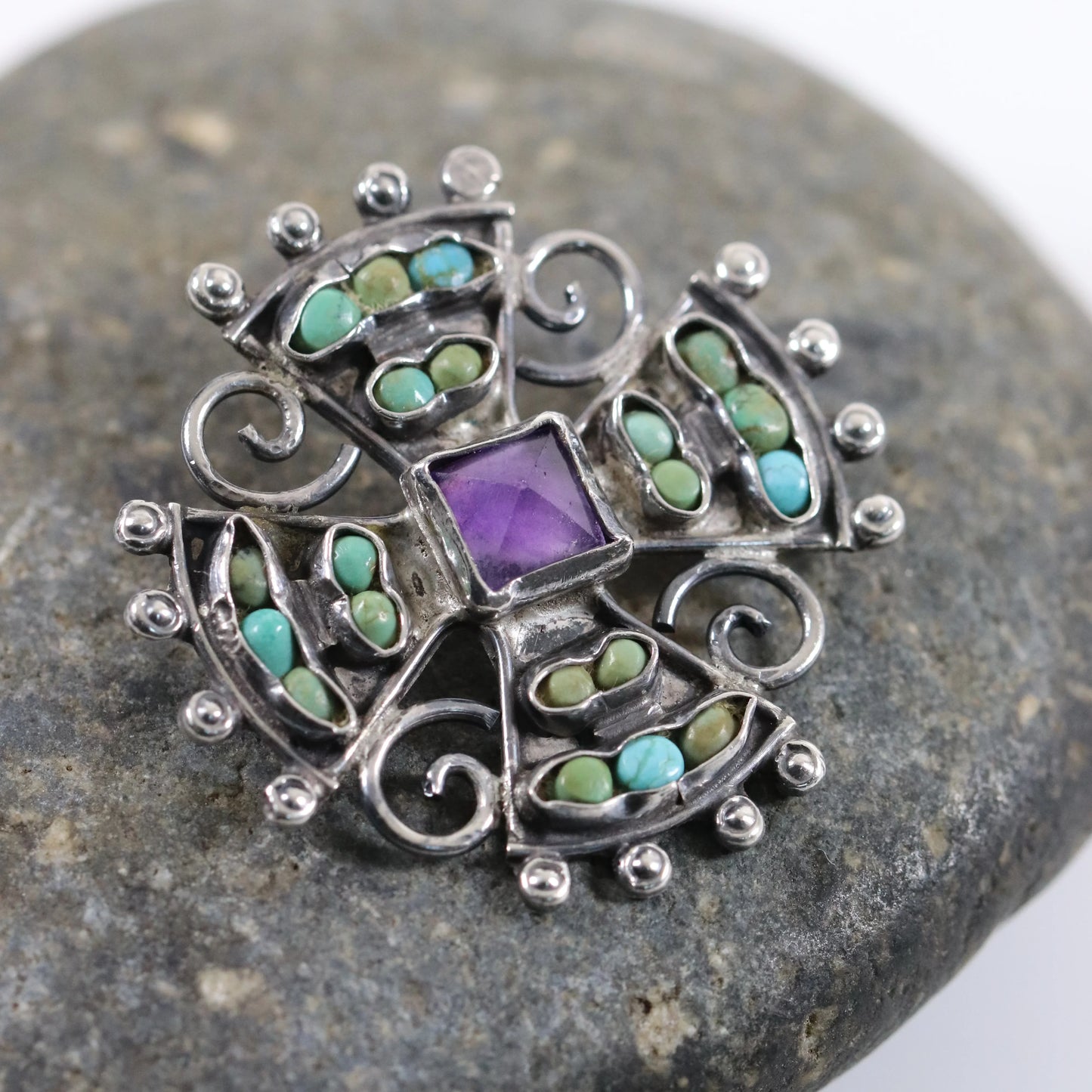 SOLD OUT: MATL Petite Multi-Stone Matilde Poulat Brooch | Vintage Sterling Silver | Amethyst and Turquoise Pin Mid Century Mexico - Carmel Fine Silver Jewelry
